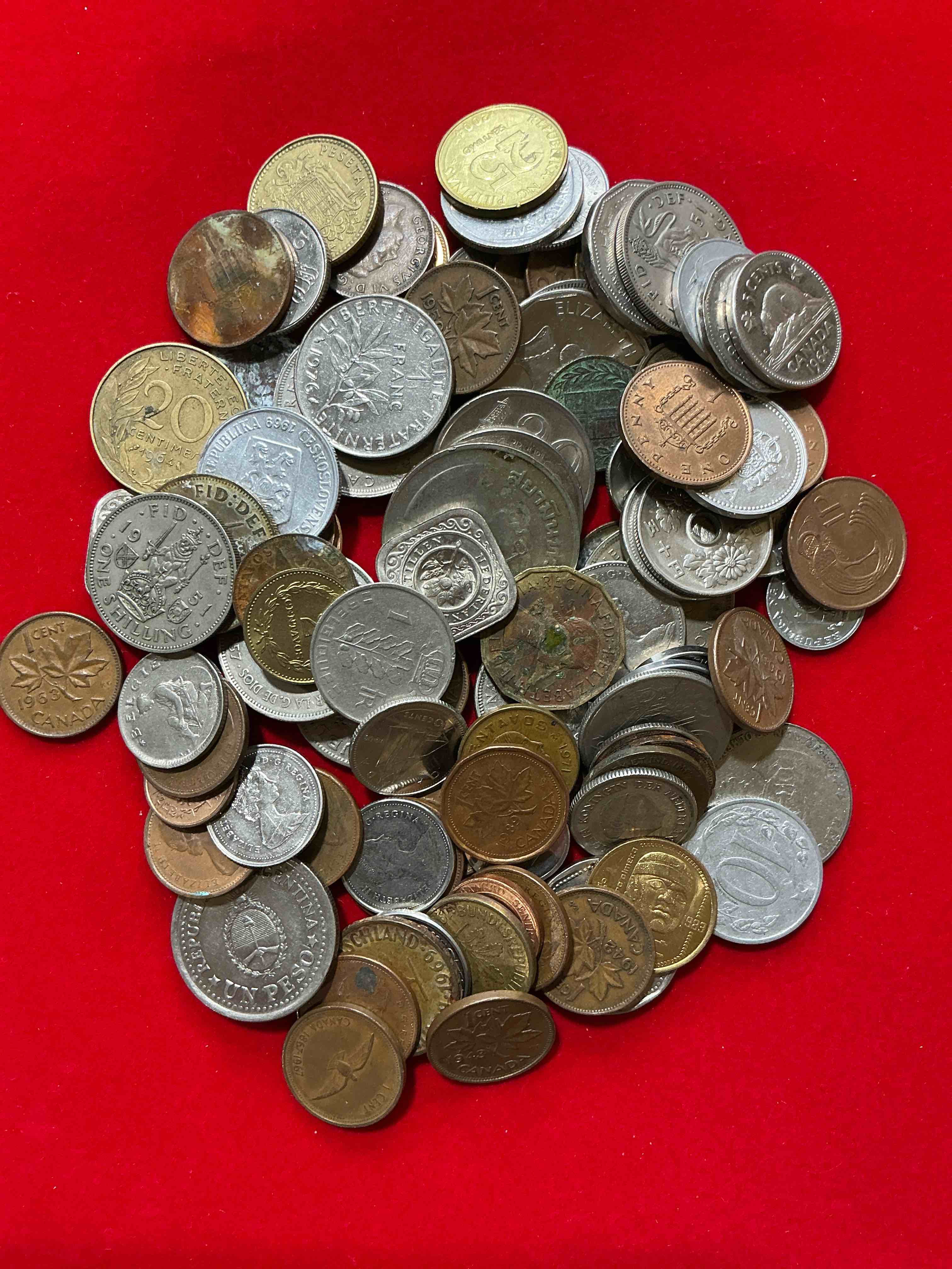 Condition photo showing Good Condition for world coins, antique & vintage! each lot is unique! many different years, countries, sizes & exotic places. this cool collection of antique coins from around the world is loads of fun! have fun identifying each coin & country as a great educational tool! a great investment too!