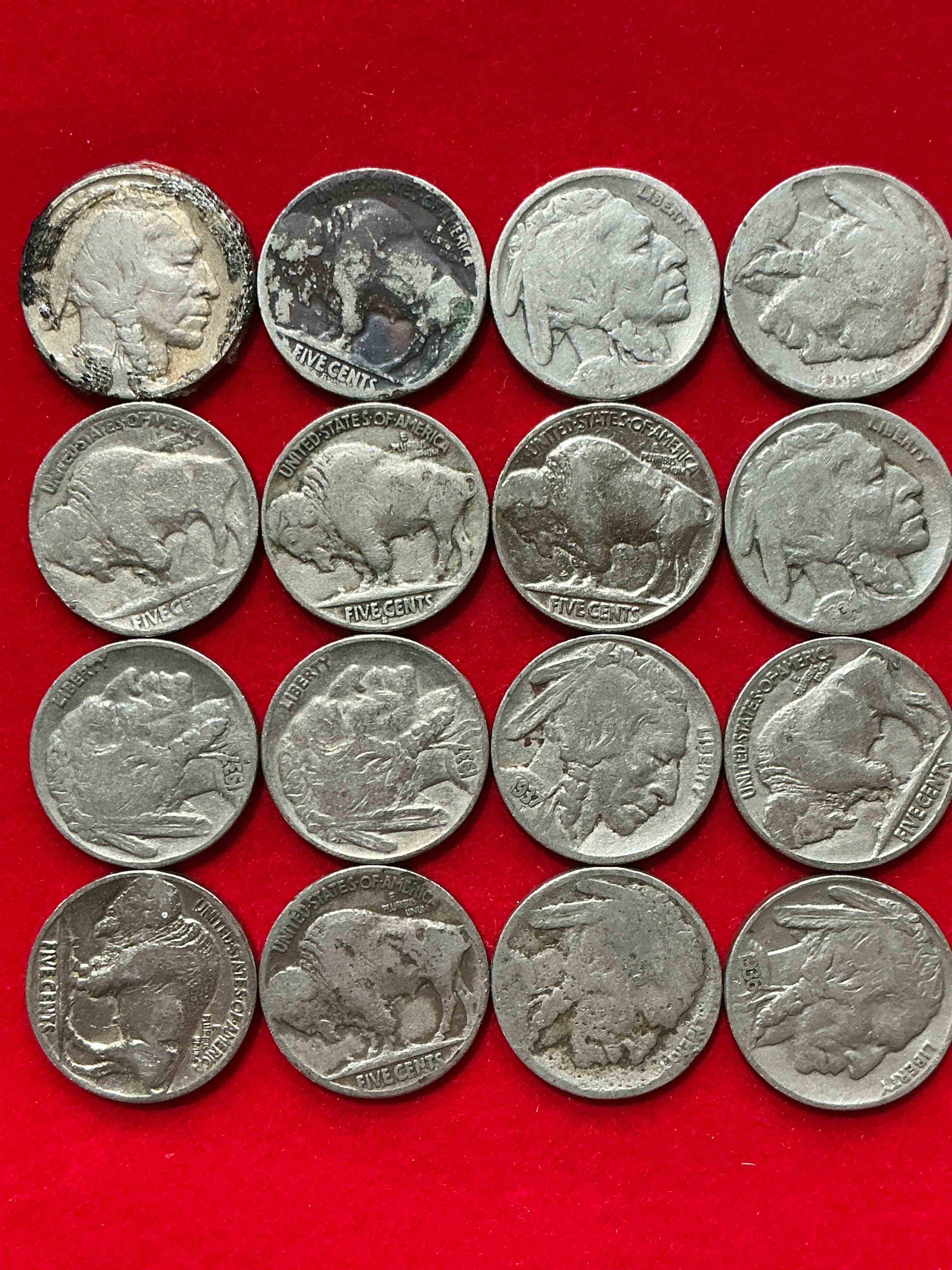 Condition photo showing Good Condition for historic buffalo nickels! indian head buffalo nickels were minted from 1913 to 1938 & have become a favorite for coin collectors around the world! own pieces of american history with these cool indian head buffalo nickels in circulated condition, most with visible dates which is very rare for buffalo nickels!