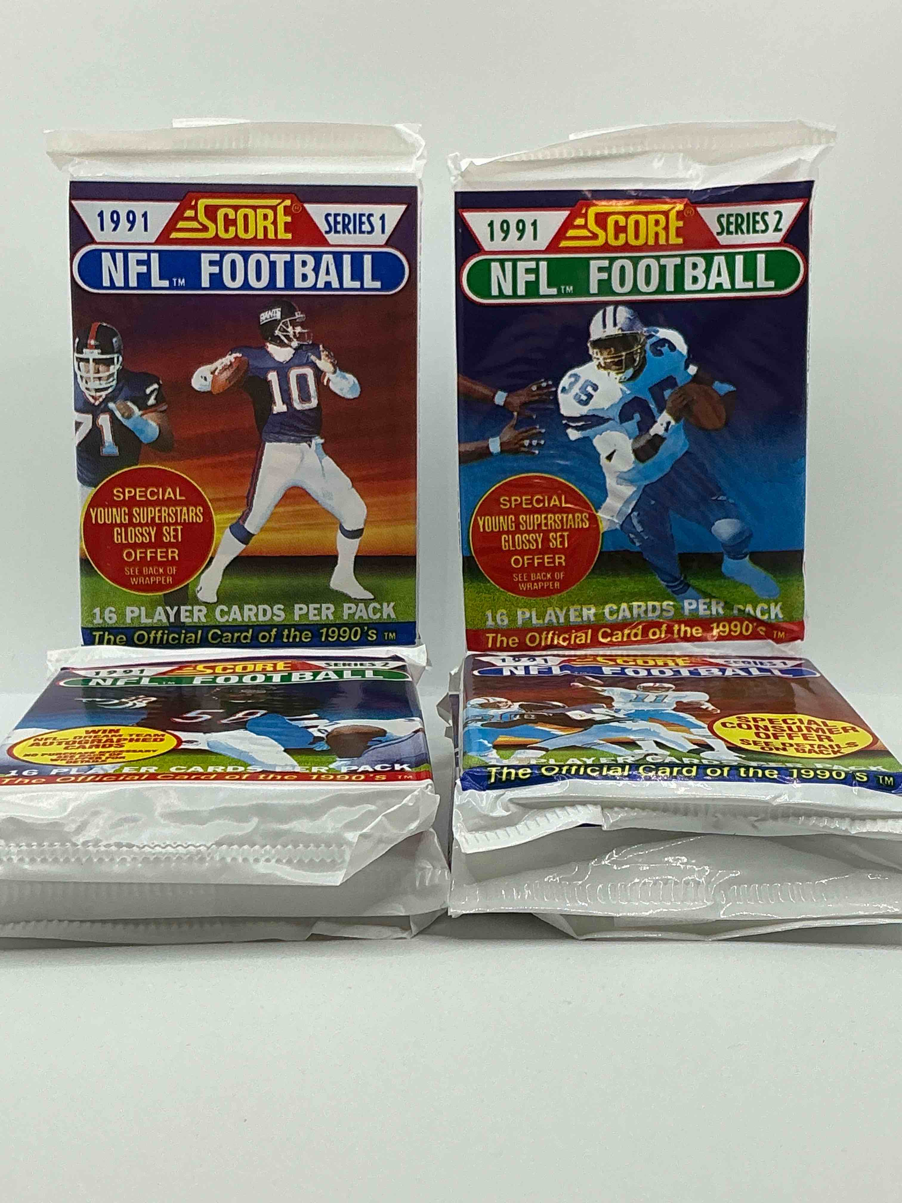1991 nfl score football sealed card packs series i & ii direct from original retail case! these cards are sought after by collectors for their awesome, nostalgic look. search for brett favre rookie, early jerry rice, early emmit smith, joe montana & so much more!