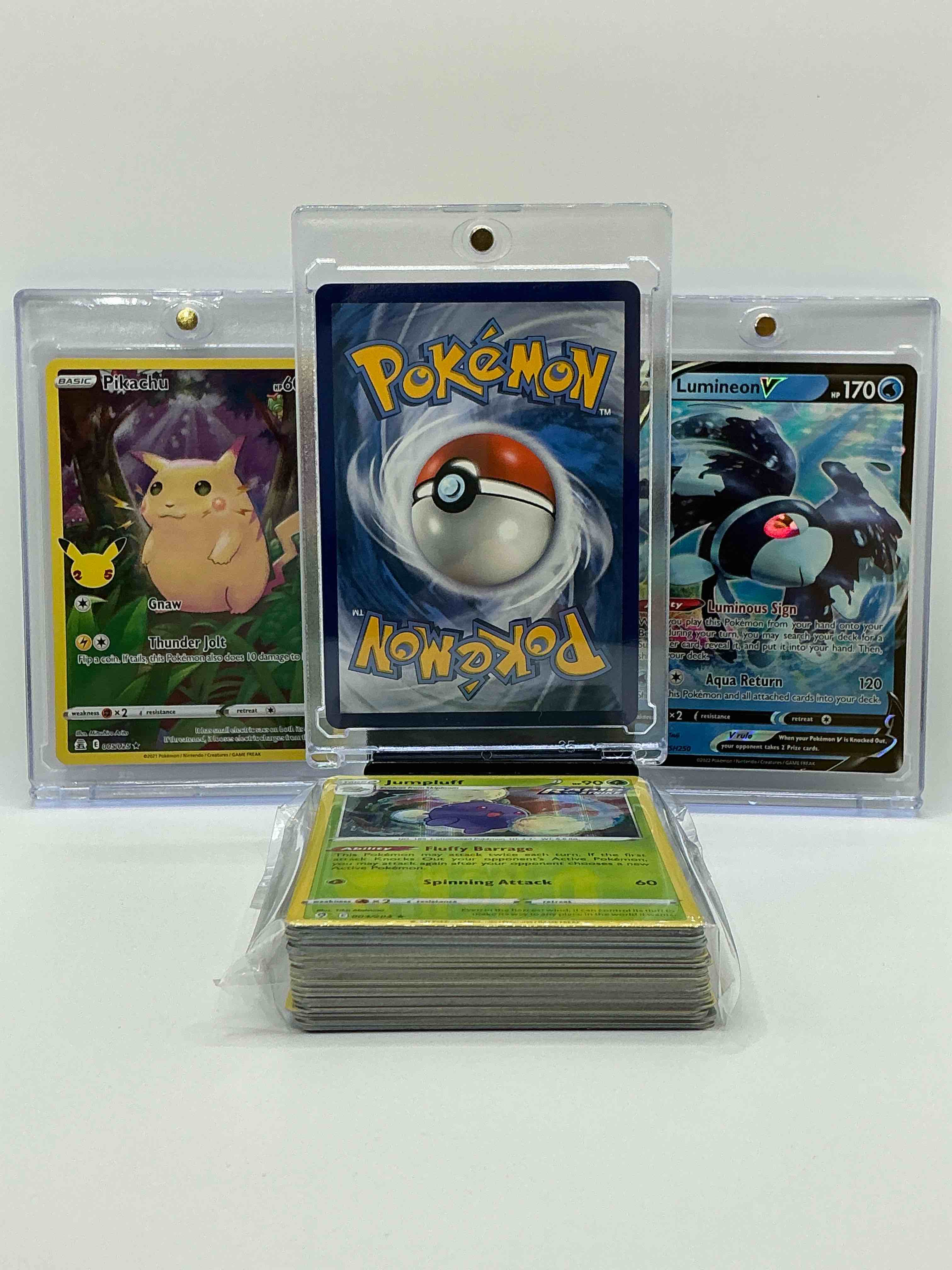 Condition photo showing New/Like New for charizard gx, full art pikachu & lumineon v! wow! along with 50 other pokémon heroes, holos, legends & commons- including holographic cards, stage 2 cards, holos in all forms & more! also includes 36 non holo common/ uncommon basic & first stage cards trainers & energy too! perfect set for collectors & enthusiasts!
