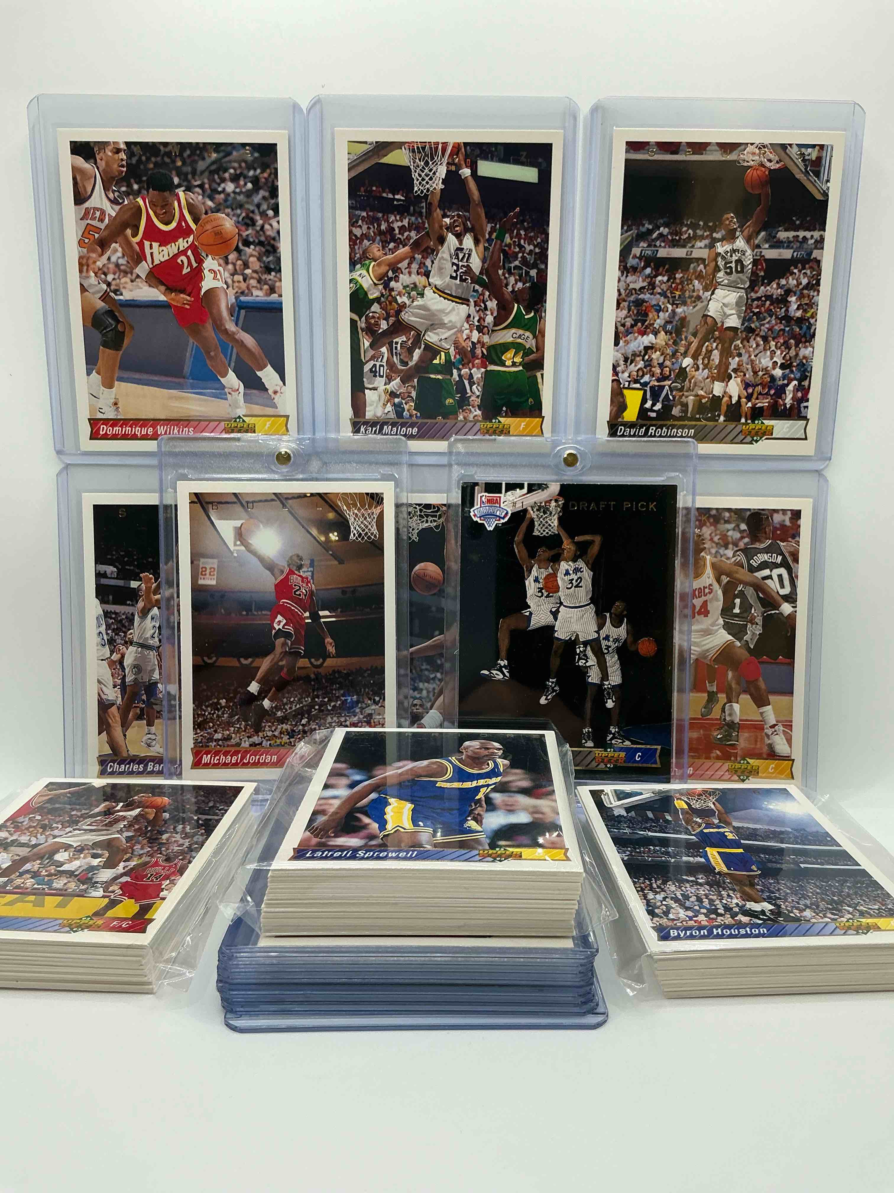 shaq rookie! nba extravaganza! michael jordan! shaq! & so many more! 1992-93 upper deck basketball cards 100 card lot, with all stars, hall of famers, legends & more! michael jordan, scottie pippen, clyde drexler, shaquille o’neal, hakeem the dream, charles barkley, karl malone & so many more! bid on these rare & super cool vintage basketball cards! commons & legends!