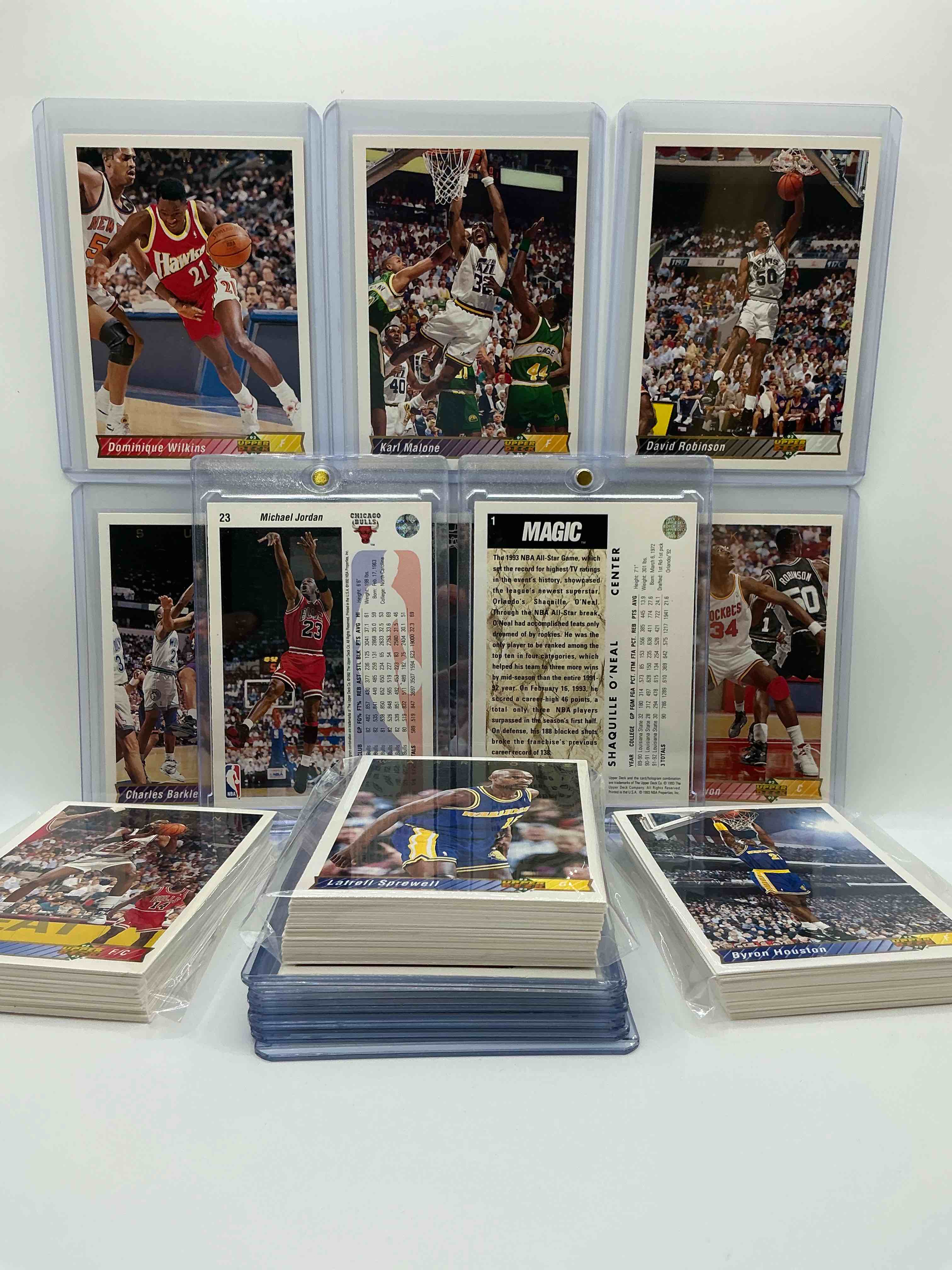 Condition photo showing Good Condition for shaq rookie! nba extravaganza! michael jordan! shaq! & so many more! 1992-93 upper deck basketball cards 100 card lot, with all stars, hall of famers, legends & more! michael jordan, scottie pippen, clyde drexler, shaquille o’neal, hakeem the dream, charles barkley, karl malone & so many more! bid on these rare & super cool vintage basketball cards! commons & legends!