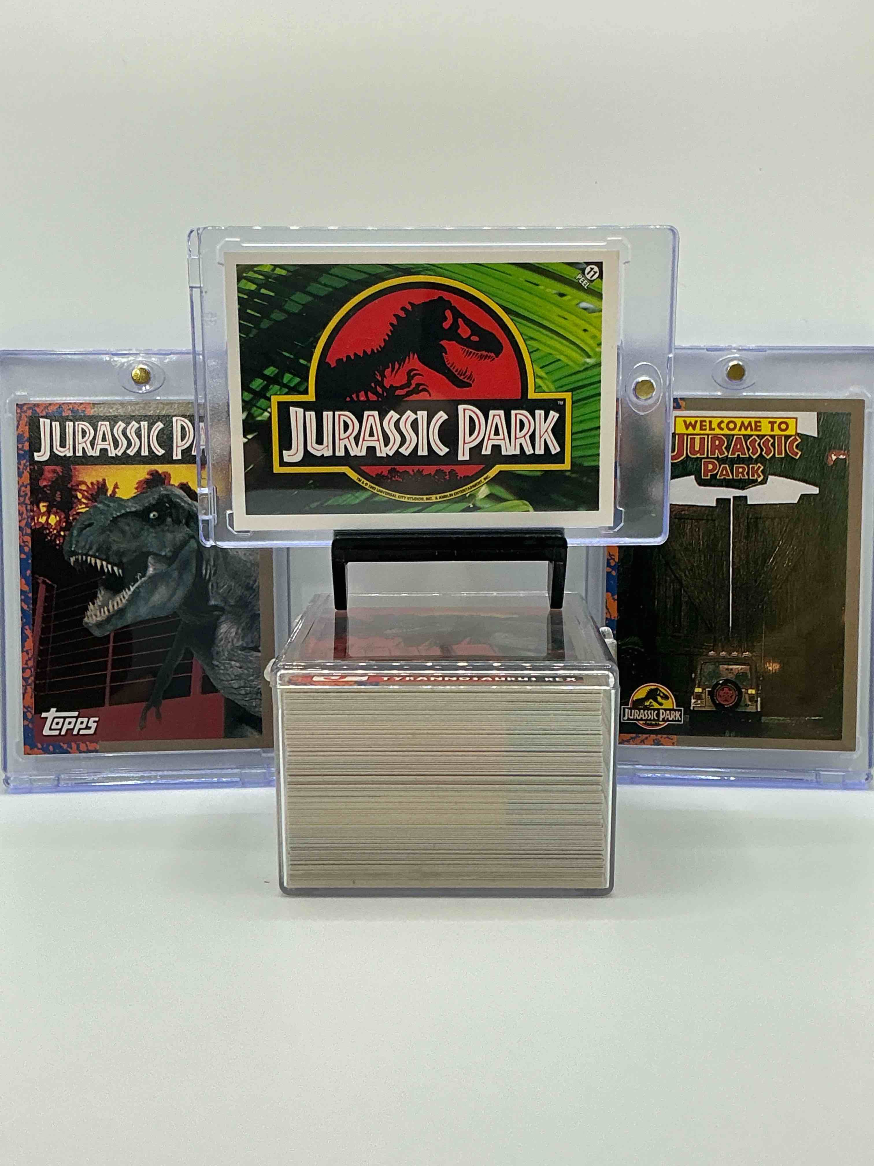 1993 dinosaur history! complete, authentic, original jurassic park movie card & sticker set, excellent condition! own a piece of spielberg’s masterpiece! a serious pop culture collector item & very rare & hard to find with all 88 cards & 11 stickers!