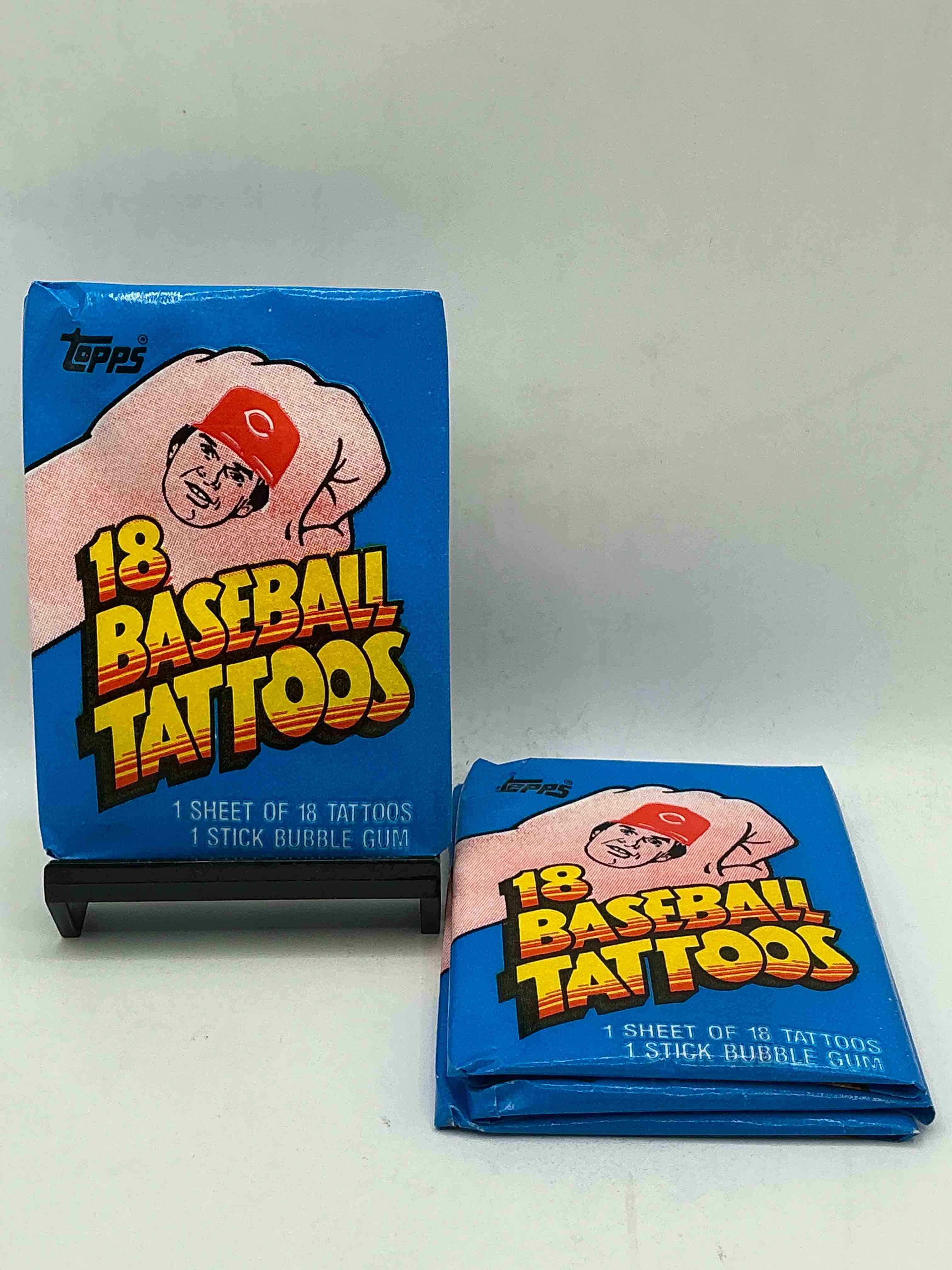 rare! topps 1986 baseball tattoos! these packs are rare & fun, filled with cool mid 80’s tattoos of some of baseball greatest players & legends! super rare 80’s baseball fun!
