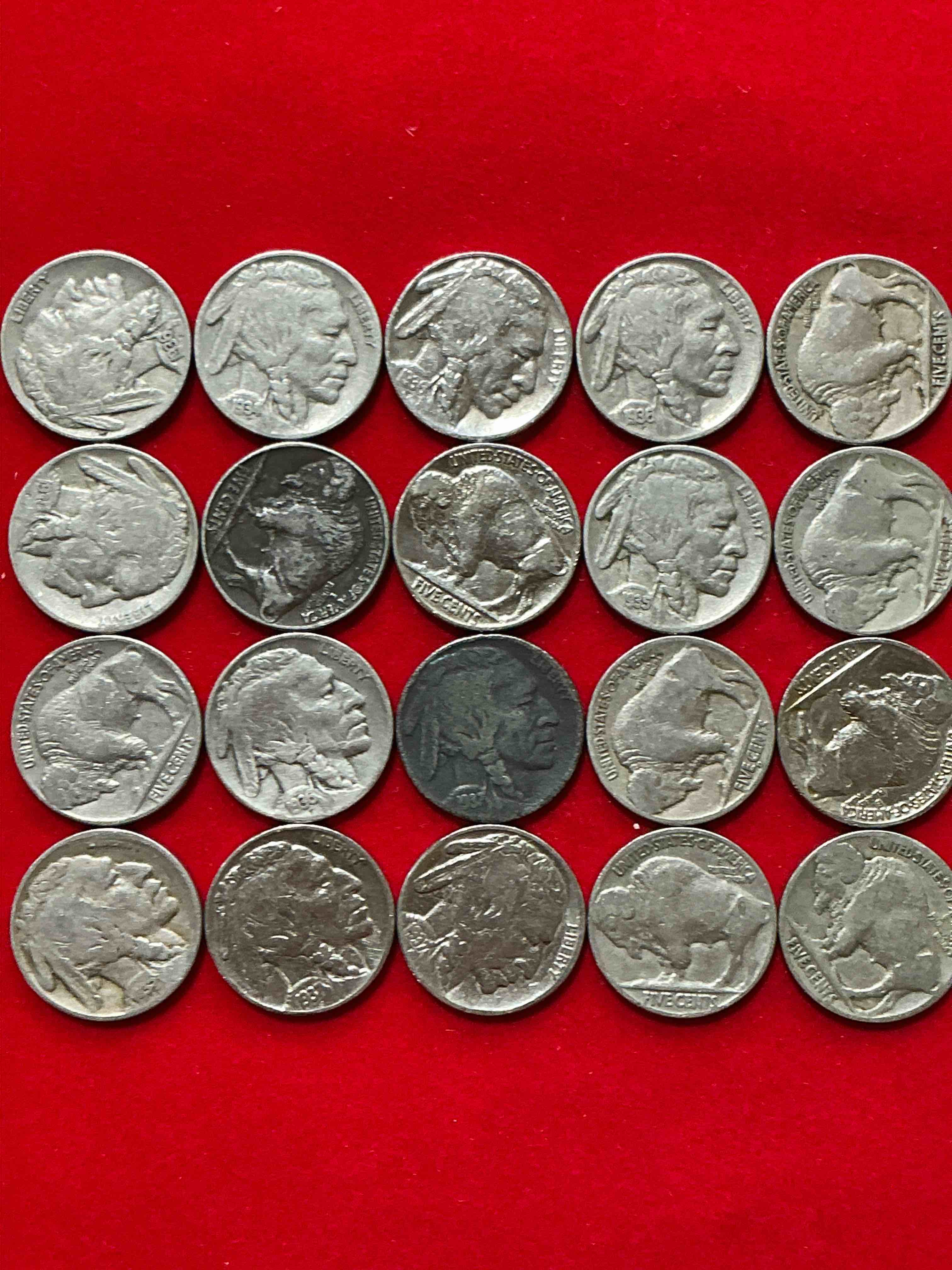 Condition photo showing Good Condition for historic buffalo nickels! indian head buffalo nickels were minted from 1913 to 1938 & have become a favorite for coin collectors around the world! own pieces of american history with these cool indian head buffalo nickels in circulated condition, most with visible dates which is very rare for buffalo nickels!