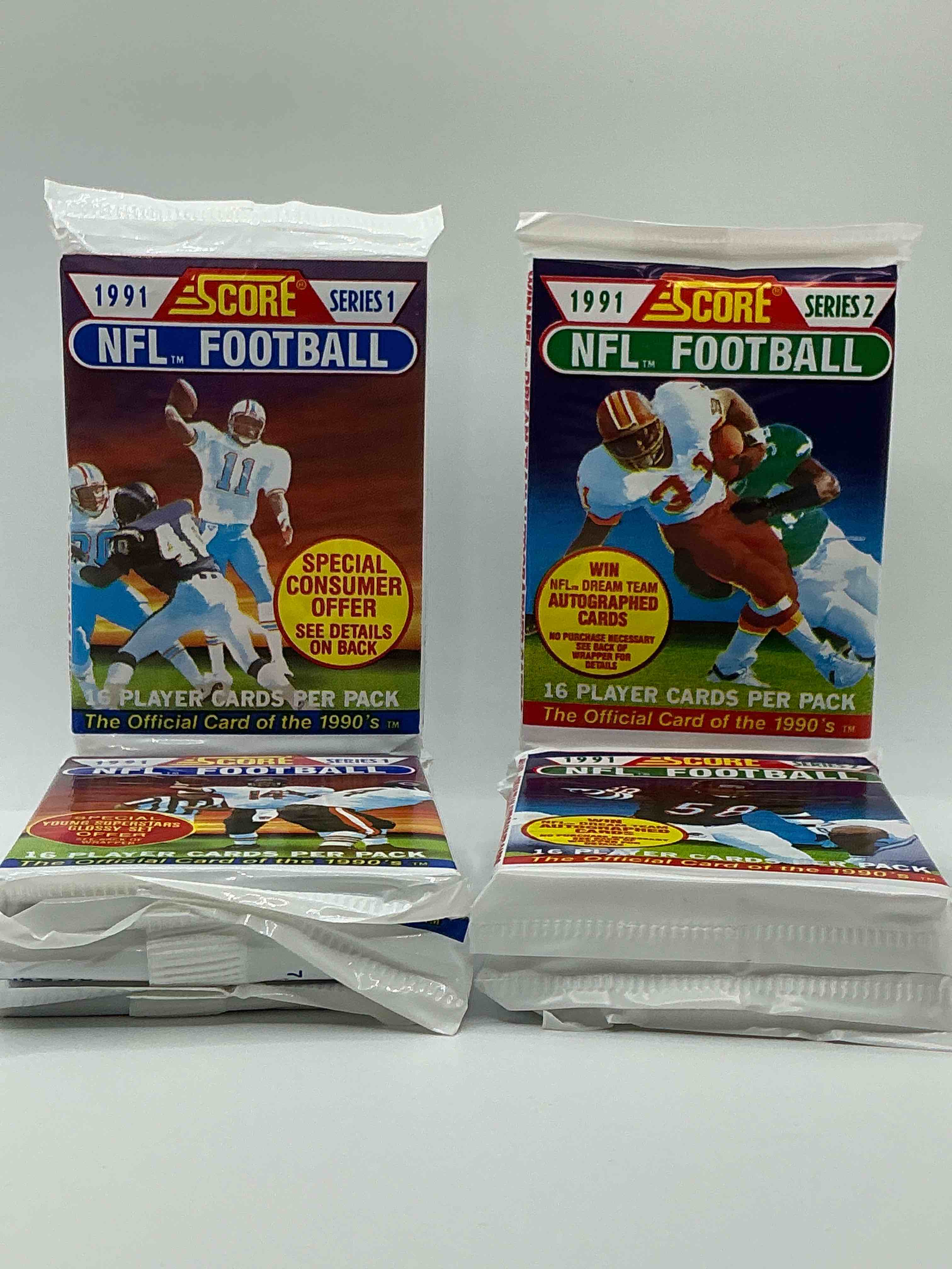 1991 nfl score football sealed card packs series i & ii direct from original retail case! these cards are sought after by collectors for their awesome, nostalgic look. search for brett favre rookie, early jerry rice, early emmit smith, joe montana & so much more!