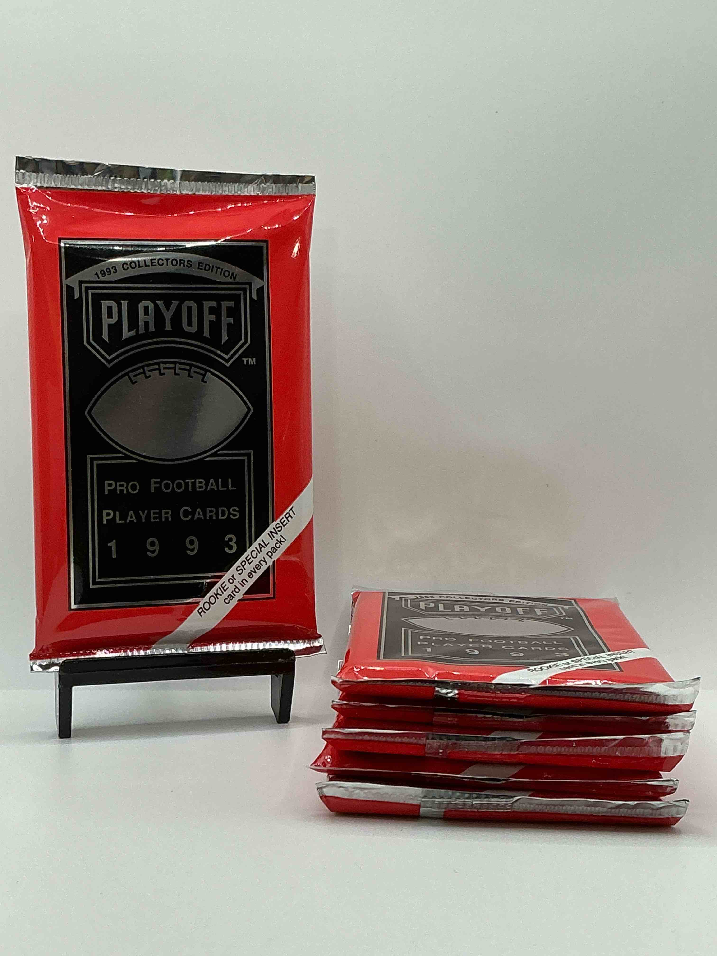 beautiful & super rare 1993 playoff football unopened packs, direct from chrome display box! these packs have at least one special insert or rookie in each pack! search for troy aikman, emmitt smith, barry sanders, jerry rice & more!