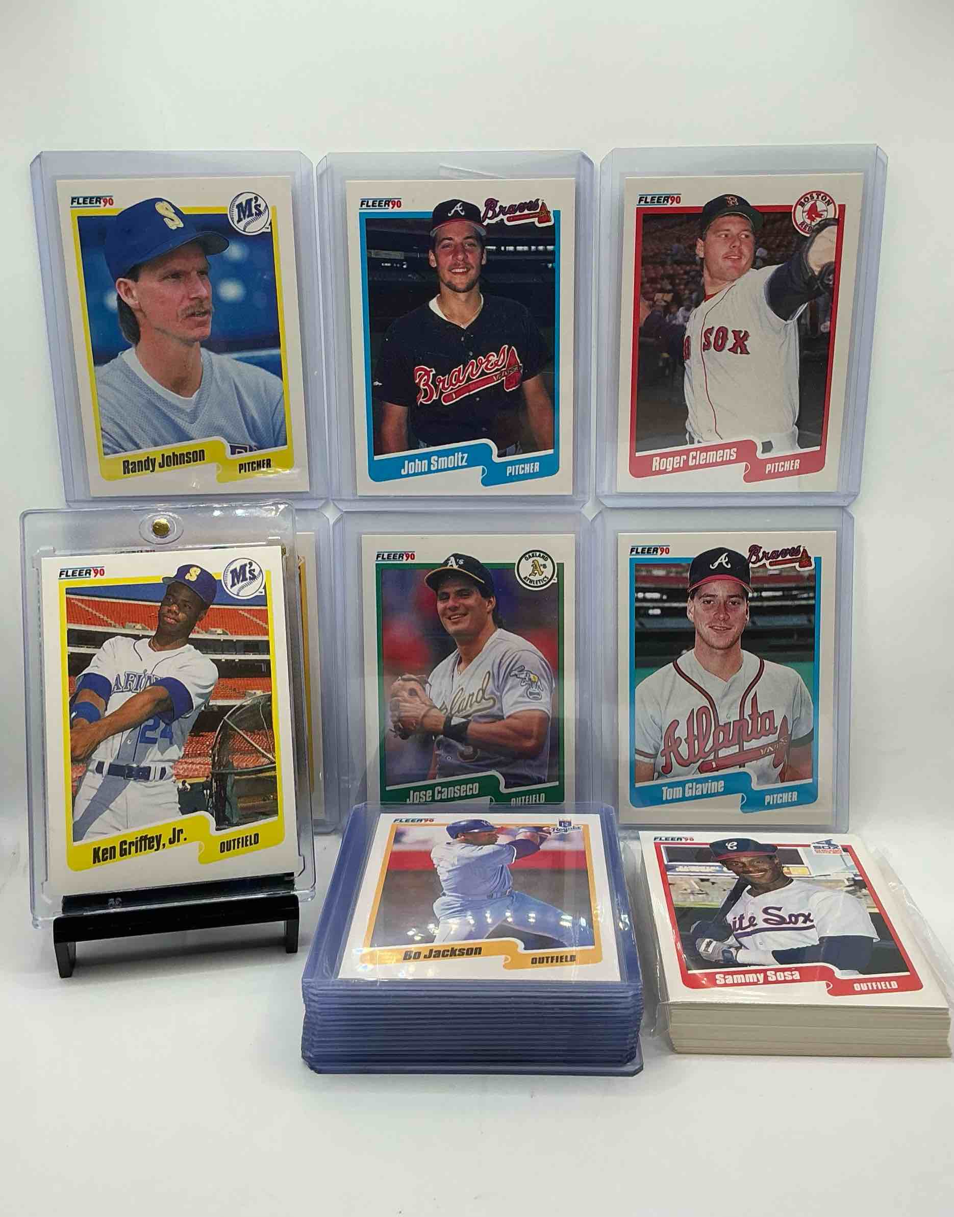 1990 fleer baseball 50 card craziness! ken griffey jr, bo jackson, randy johnson, barry bonds, john smoltz, kirby puckett, tom glavine, rickey henderson, don mattingly, cal ripken, wade boggs, doc gooden, greg maddux, fernando valenzuela, nolan ryan, roger clemens, george brett, tony gwynn & more! the best players from the time! super rare set with all of these stars! 50 card craziness! legends, heroes & commons!