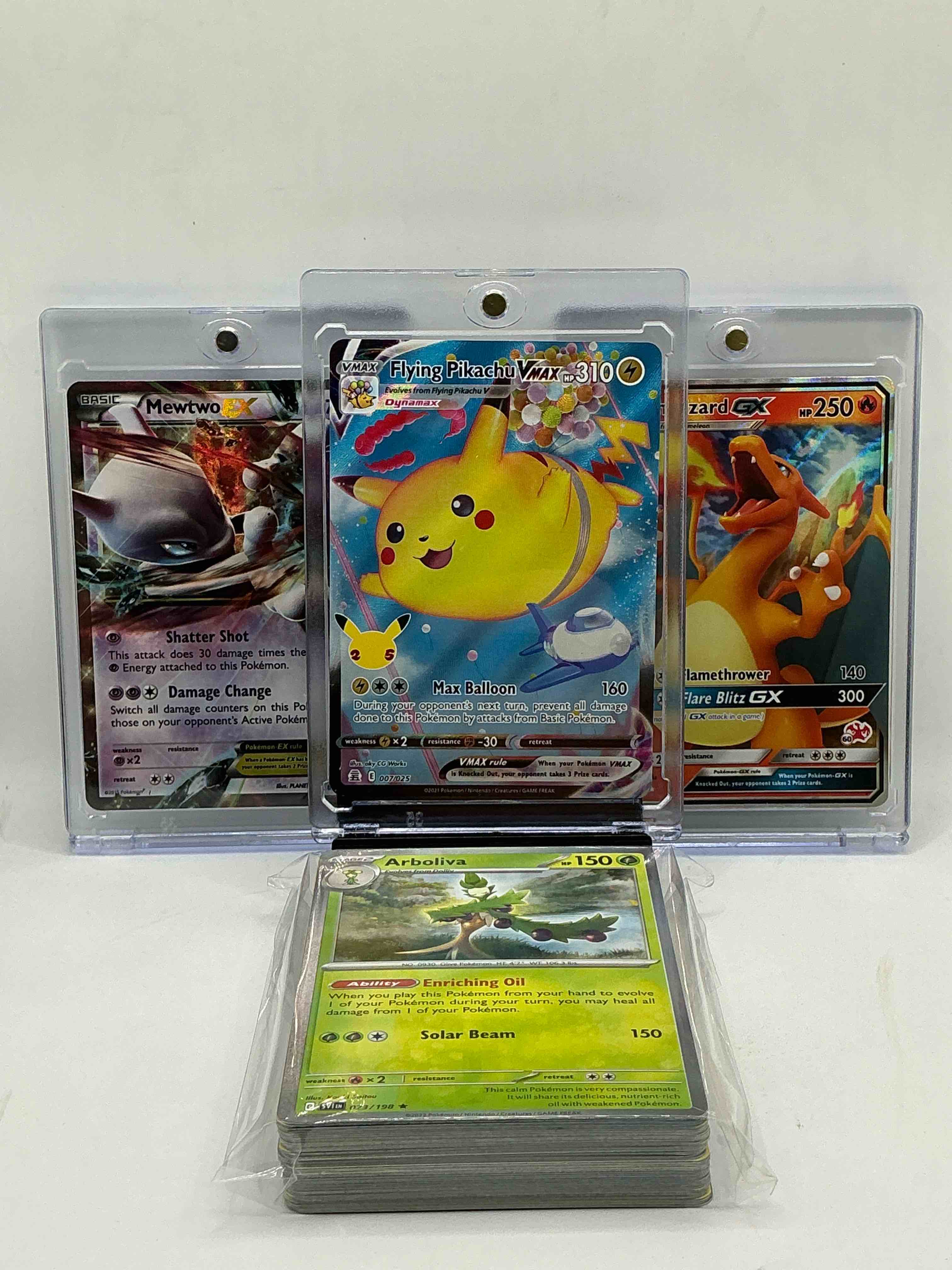 Flying Pikachu VMax! Charizard GX! Mewtwo EX! Along With 50 Other Pokémon Heroes, Holos, Legends & Commons- Including Holographic Cards, Stage 2 Cards, Holos In All Forms & More! Also Includes 36 Non Holo Common/ Uncommon Basic & First Stage Cards Trainers & Energy Too! Perfect Set For Collectors & Enthusiasts!