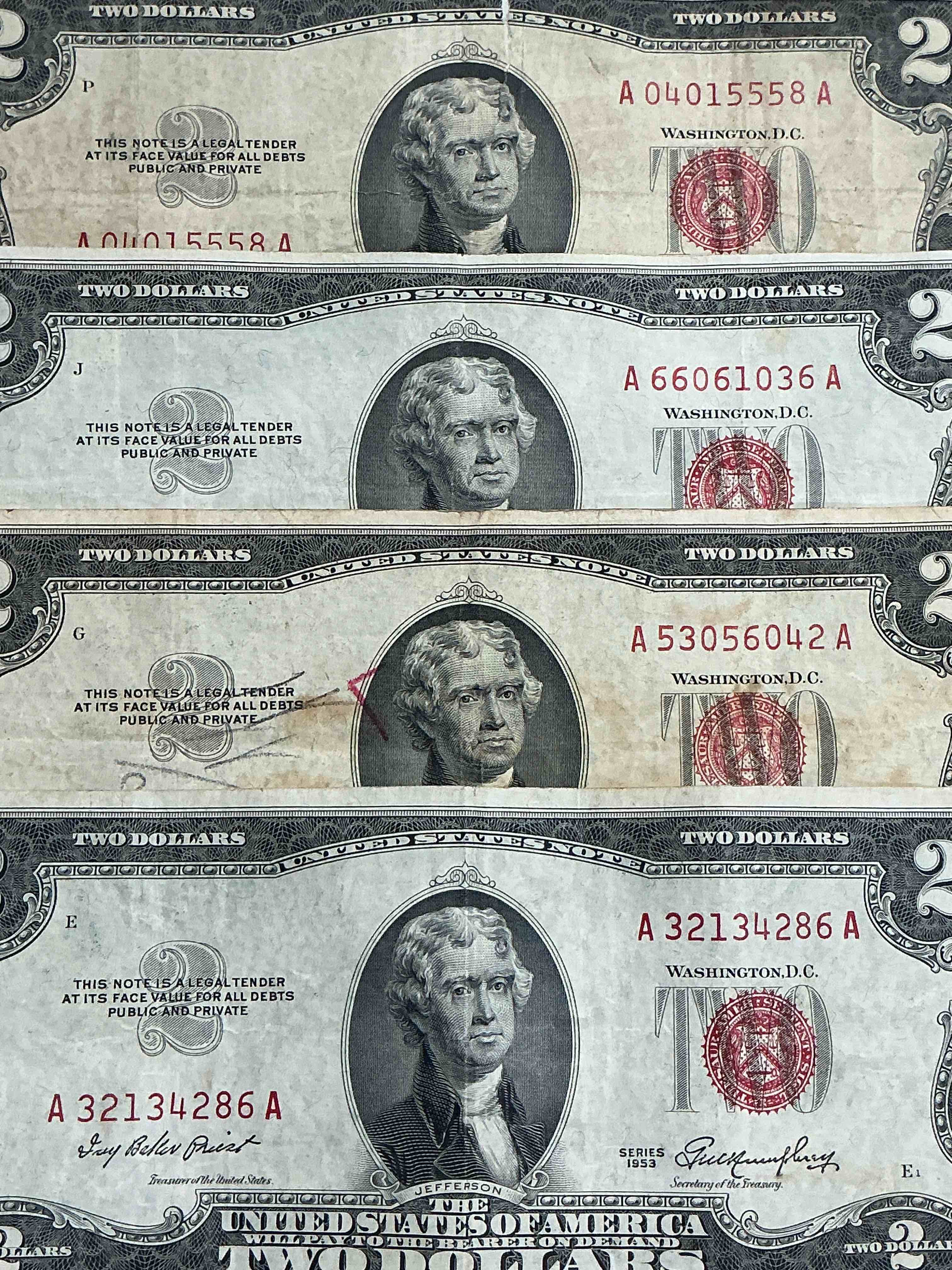 Rare Red Seal Two Dollar Bills! 1953 & 1963 Edition Paper Money! Check Out These Rare Bills, Perfect Addition To Any Collection!