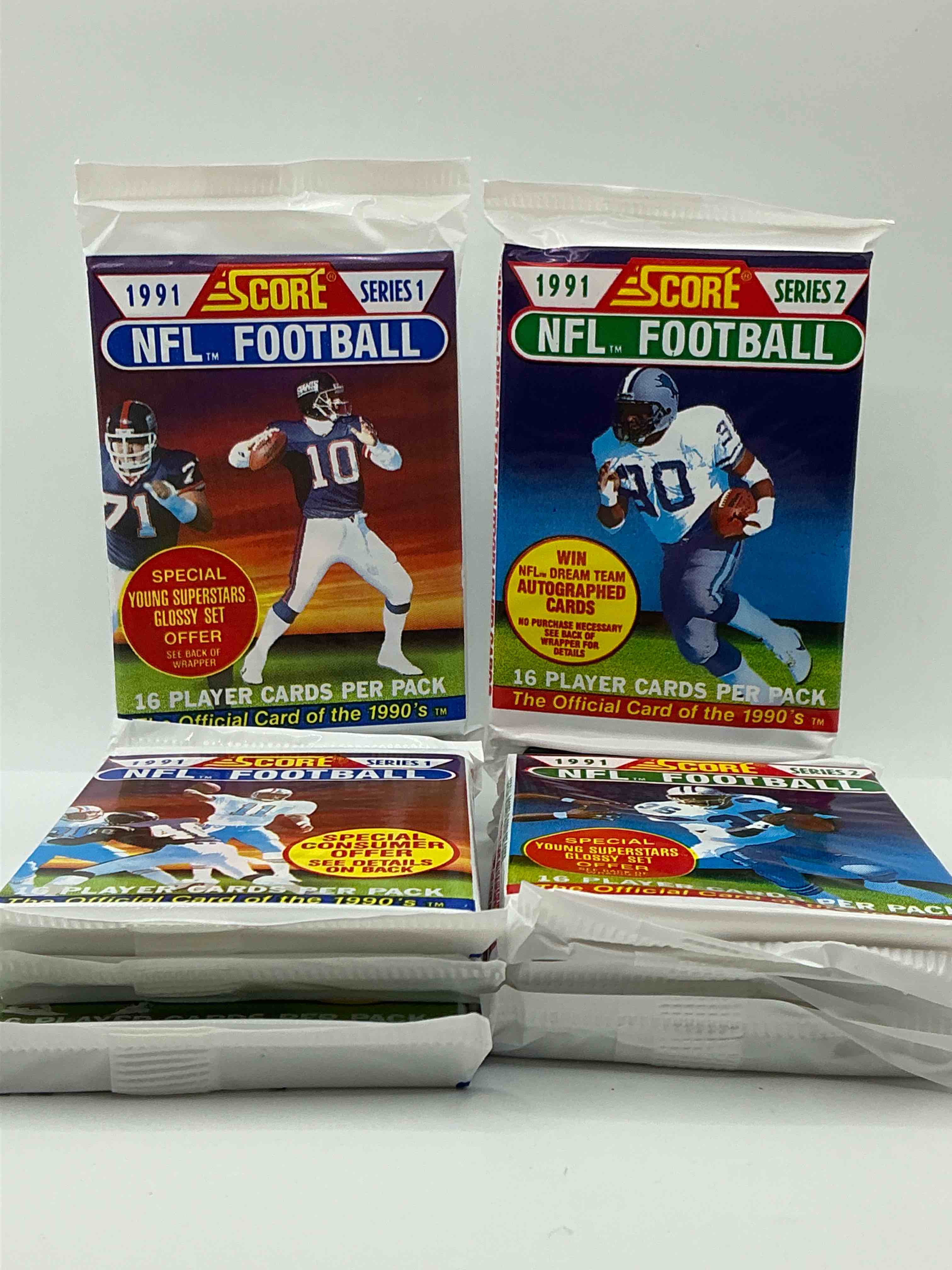 1991 NFL Score Football Sealed Card Packs Series I & II Direct From Original Retail Case! These Cards Are Sought After By Collectors For Their Awesome, Nostalgic Look. Search For Brett Favre Rookie, Early Jerry Rice, Early Emmit Smith, Joe Montana & So Much More!