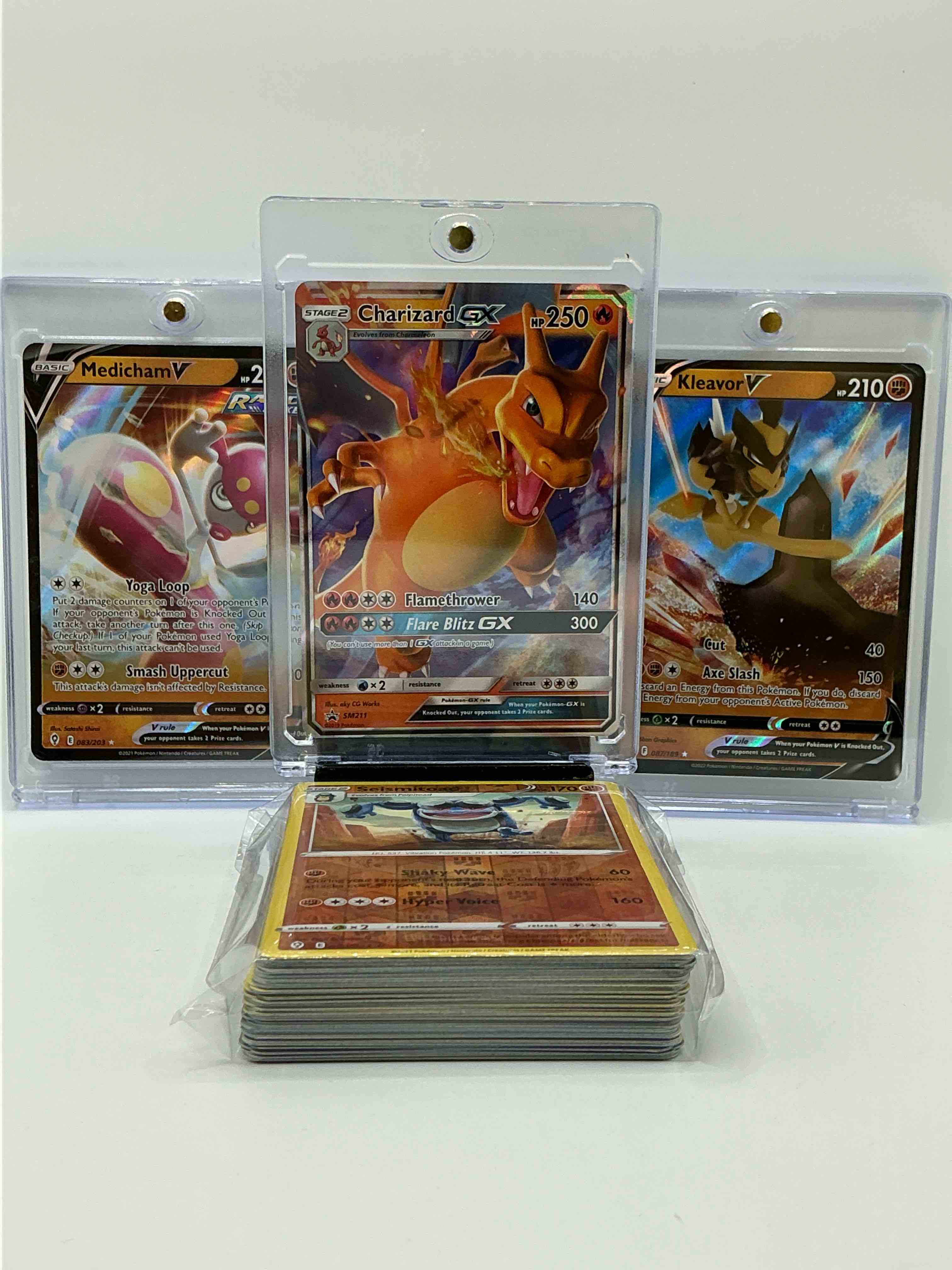 Charizard GX, Medicham V & Kleavor V & More! V & GX Insanity! Along With 50 Other Pokémon Heroes, Holos, Legends & Commons- Including Holographic Cards, Stage 2 Cards, Holos In All Forms & More! Also Includes 36 Non Holo Common/ Uncommon Basic & First Stage Cards Trainers & Energy Too! Perfect Set For Collectors & Enthusiasts!