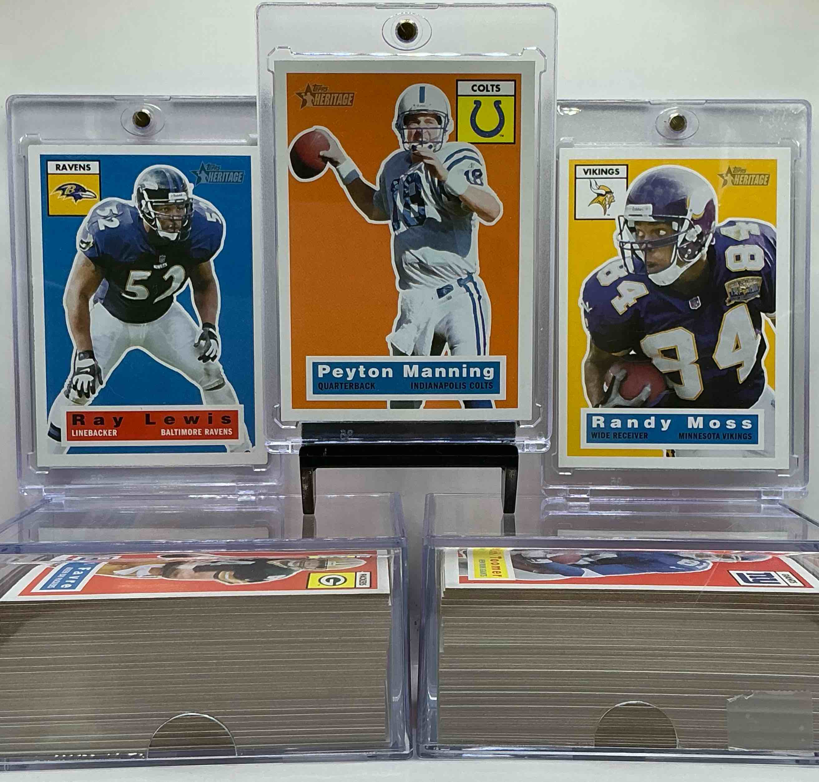 Cool Retro Fun! 2001 Topps Heritage Card Lot! Peyton Manning, Randy Moss, Ray Lewis & More! Favre, Smith & More! 110 Card Lot, Includes Some Of The Game’s Greatest To Ever Do It! These Cards Are Designed After The Infamous 1956 Football Cards & Have Become A Super Cool Collectible! Football Insanity! 