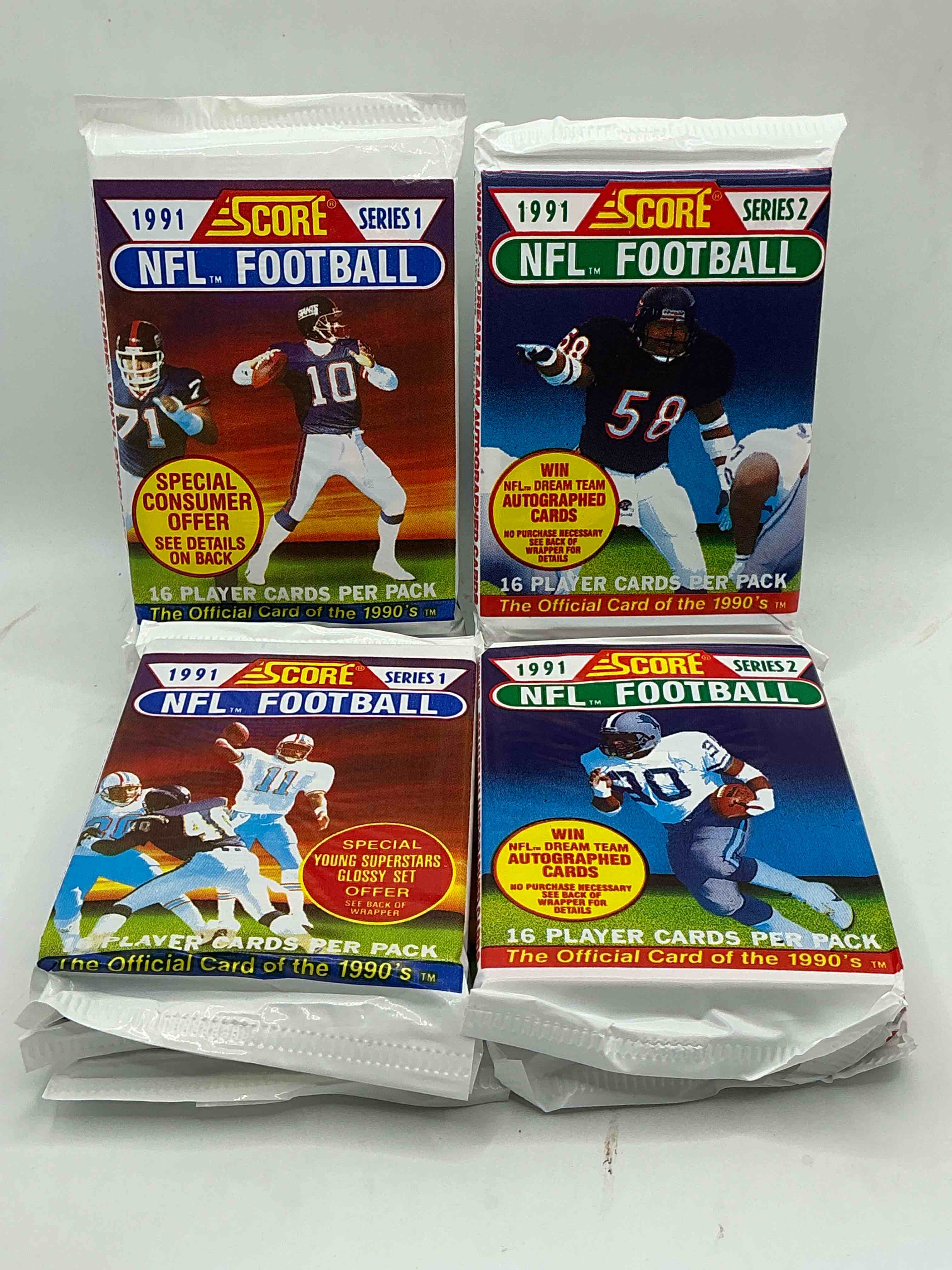 1991 nfl score football sealed card packs series i & ii direct from original retail case! these cards are sought after by collectors for their awesome, nostalgic look. search for brett favre rookie, early jerry rice, early emmit smith, joe montana & so much more!