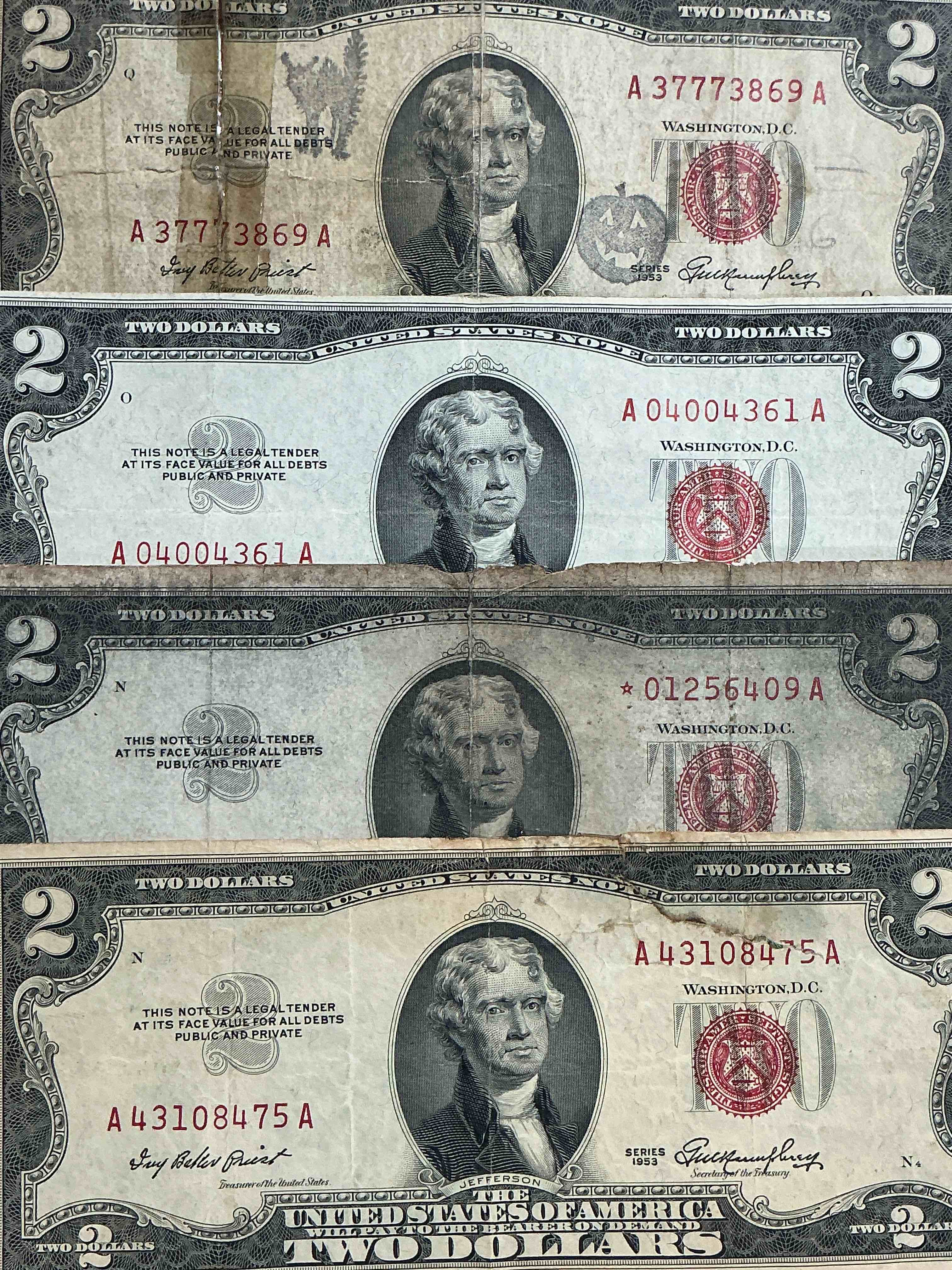 rare red seal two dollar bills! 1953 & 1963 edition paper money! check out these rare bills, perfect addition to any collection!