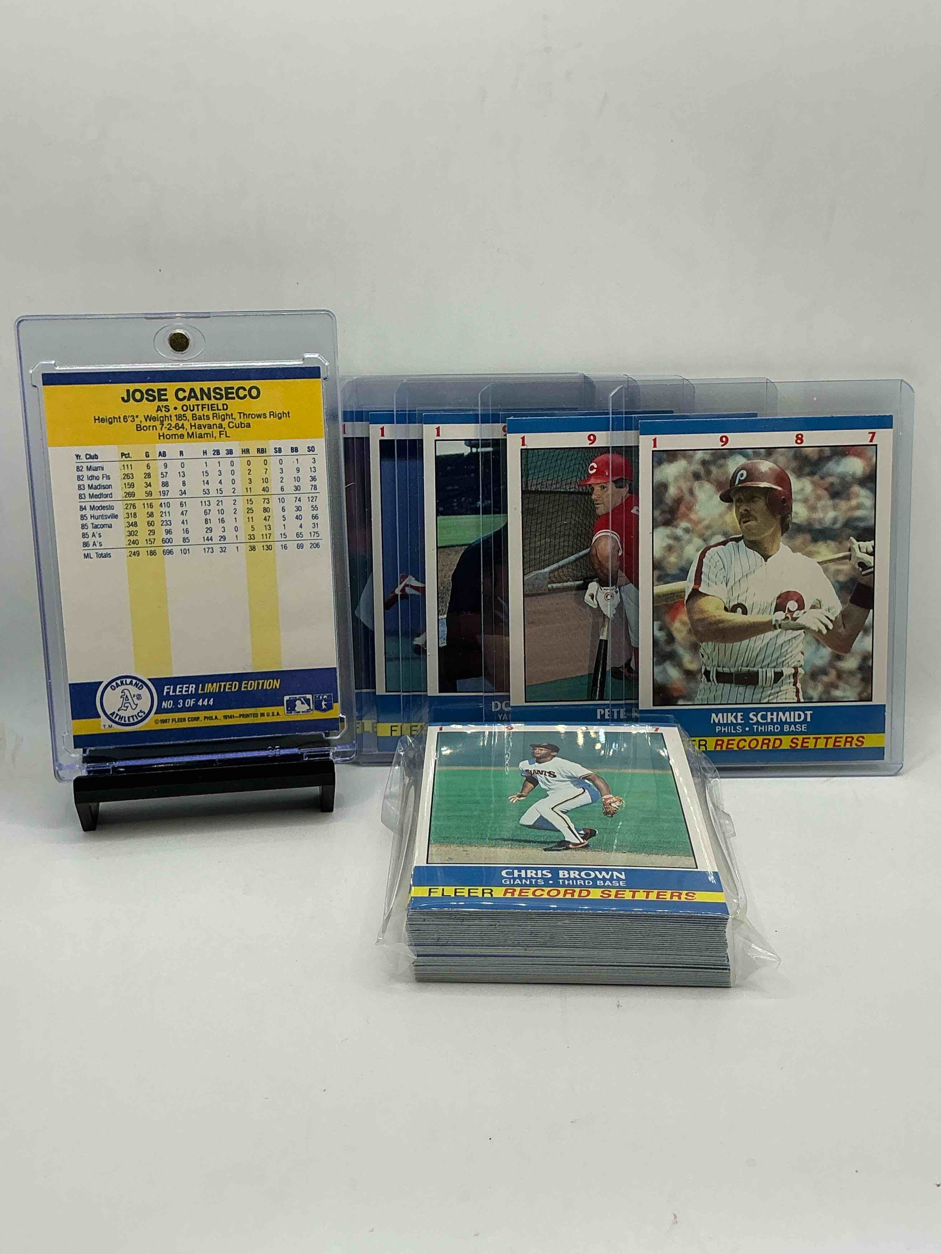 Condition photo showing New/Like New for 1987 baseball history! fleer collector’s “baseball record setters” 50 card complete! limited edition! included is all of the legends from the late 80’s like jose canseco, don mattingly, roger clemens, pete rose & so many more! everything included just like it would’ve been purchased in ‘87! wow!