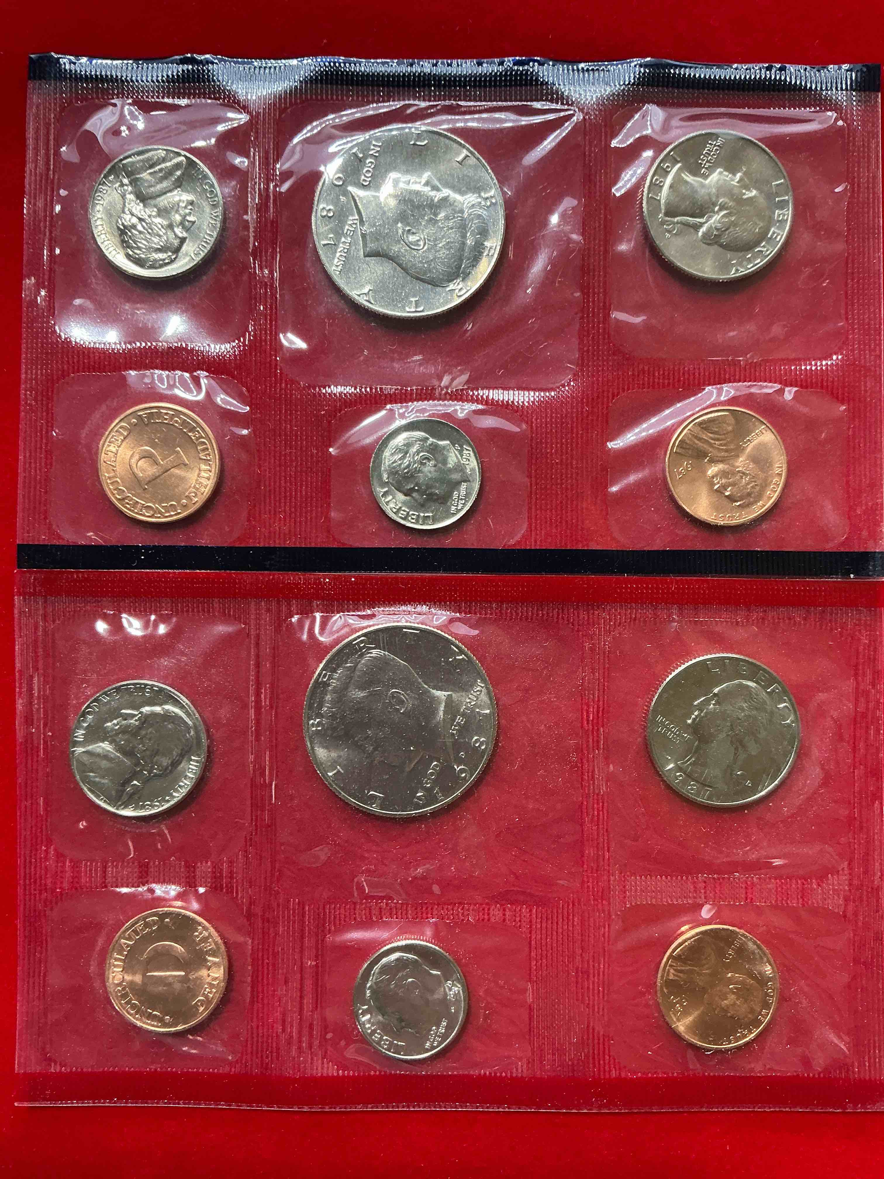 1987 uncirculated mint coins! 12 coin mint from philadelphia & denver! 12 coin uncirculated lot, with quarters, nickels, half dollars, dimes, pennies & more! uncirculated coin craziness!