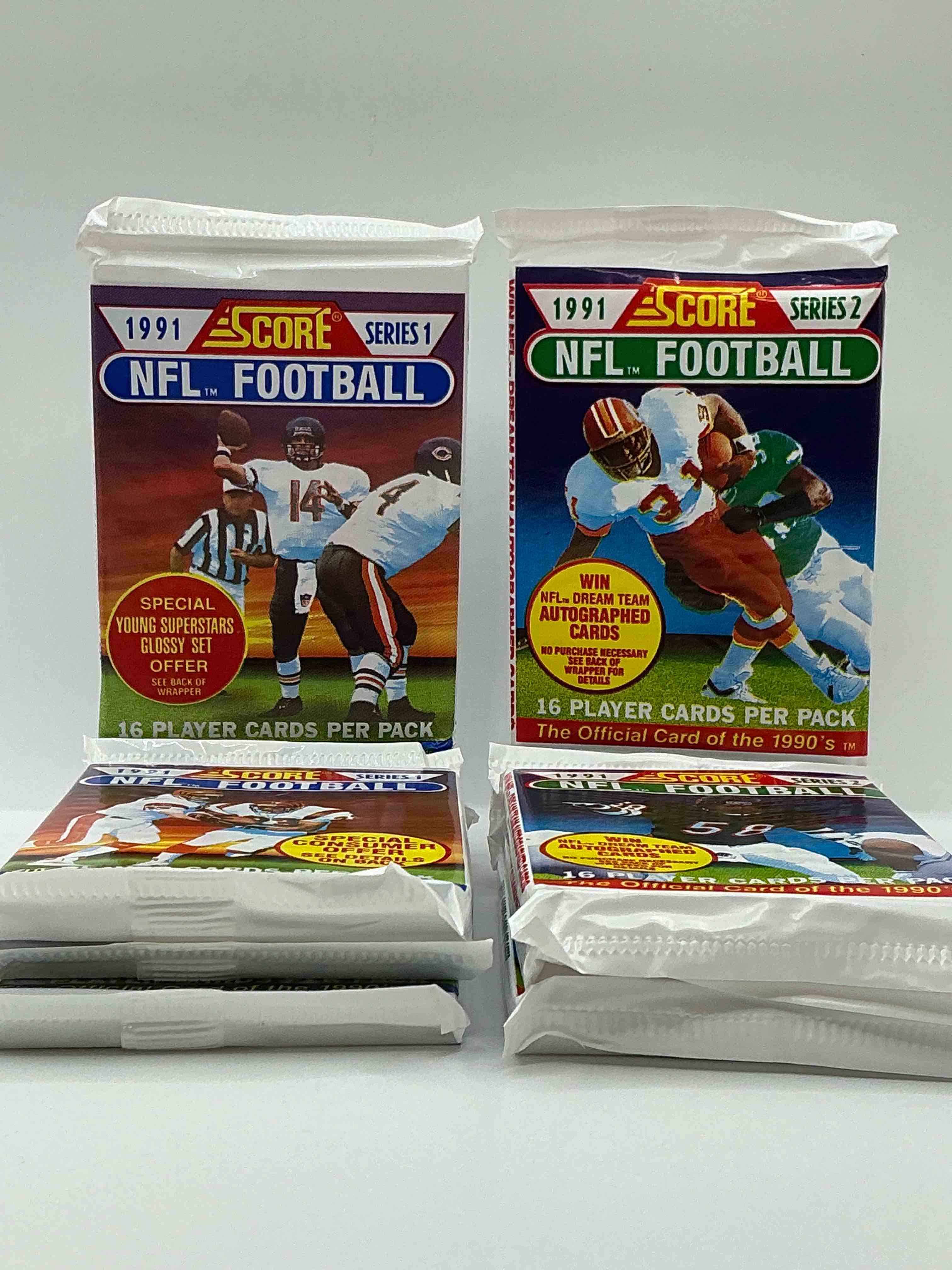 1991 nfl score football sealed card packs series i & ii direct from original retail case! these cards are sought after by collectors for their awesome, nostalgic look. search for brett favre rookie, early jerry rice, early emmit smith, joe montana & so much more!