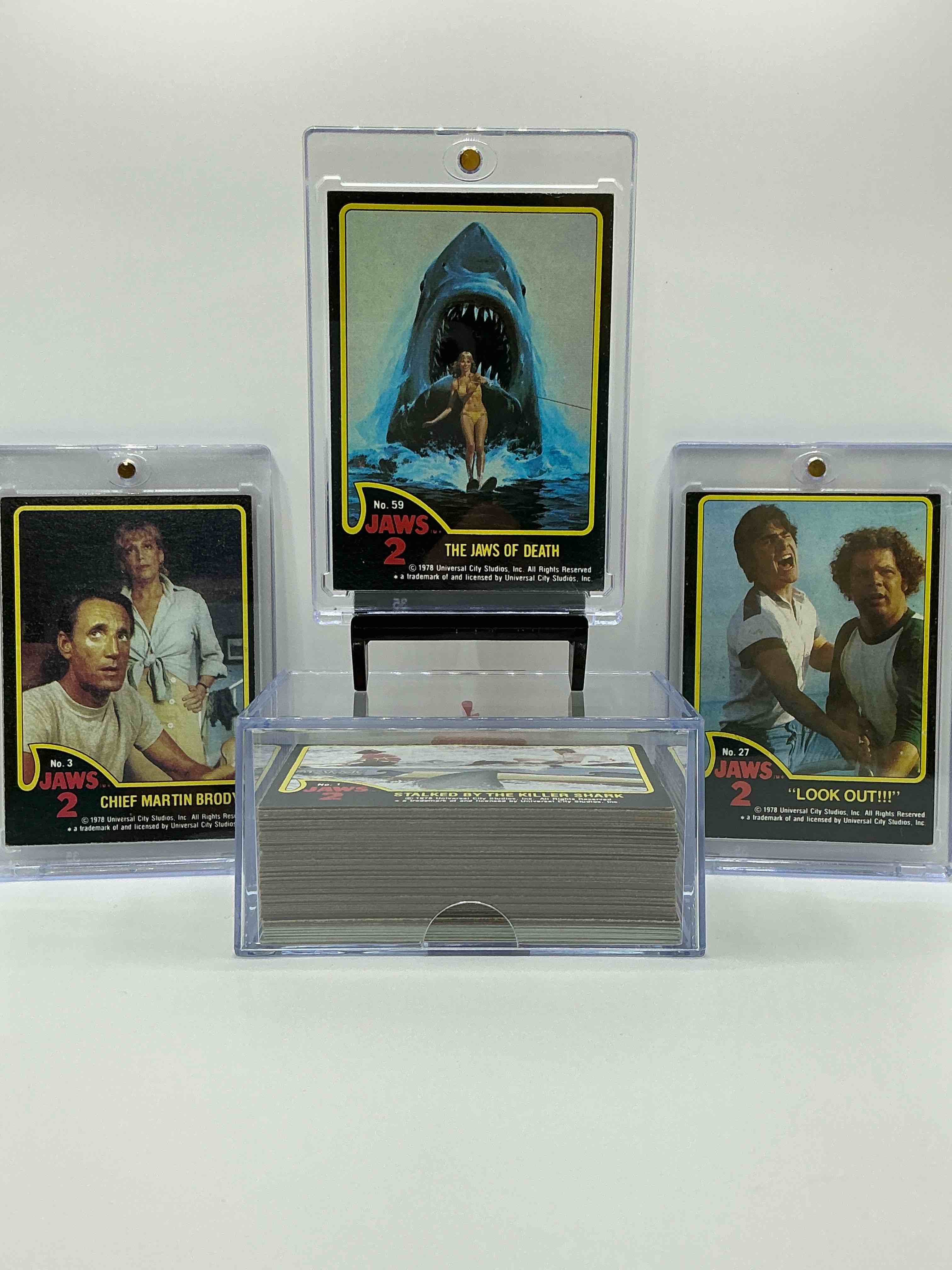 1978 jaws movie history! authentic, original & complete 70 movie card & sticker set for jaws 2! jaws 2 is the first jaws movie that made trading cards! own a complete, genuine serious movie collectible! in great condition, ultra rare complete & in this condition!