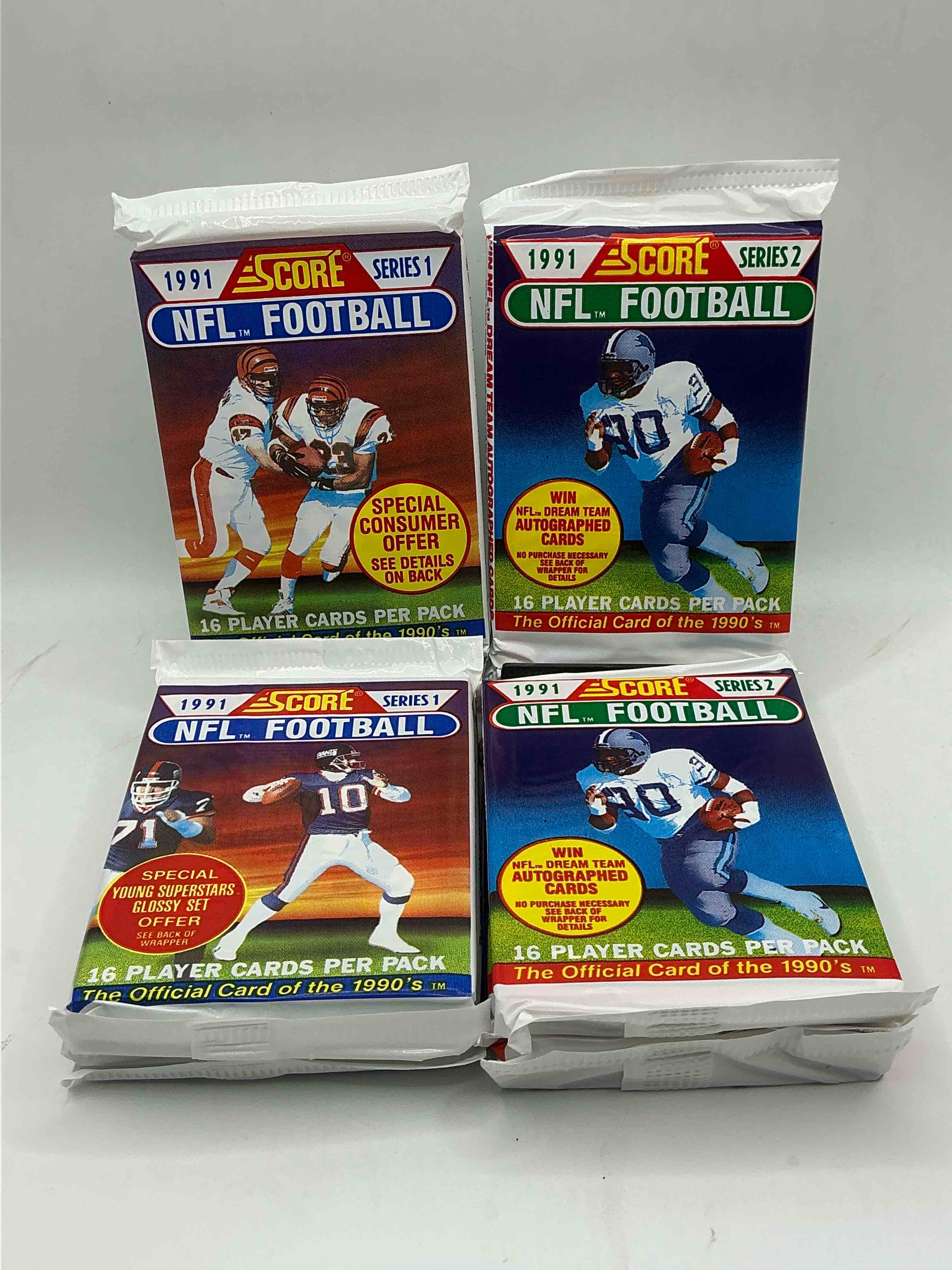 1991 nfl score football sealed card packs series i & ii direct from original retail case! these cards are sought after by collectors for their awesome, nostalgic look. search for brett favre rookie, early jerry rice, early emmit smith, joe montana & so much more!
