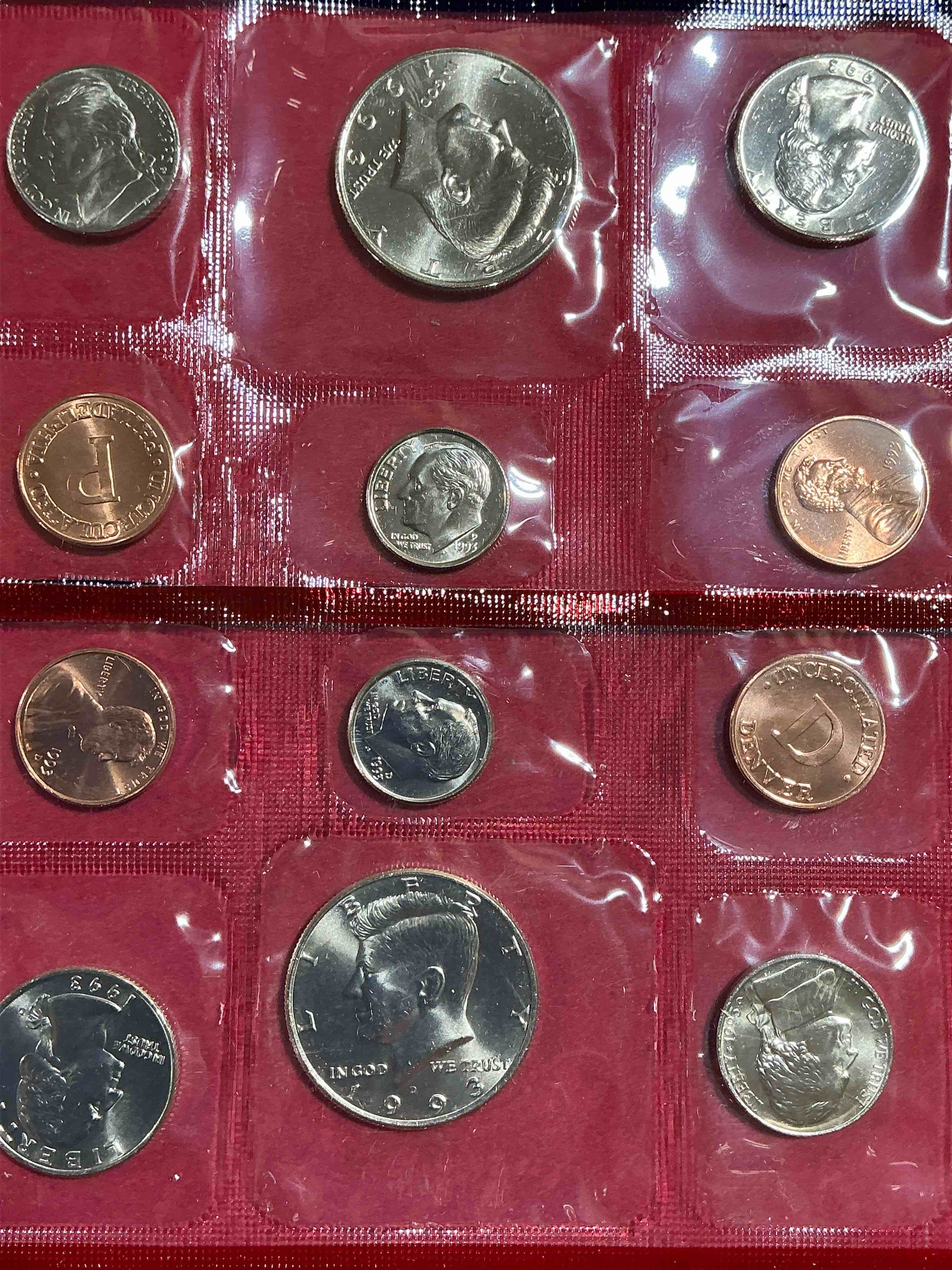 1993 uncirculated philadelphia & denver 12 coin mint combo! these beautiful, uncirculated coins are rare pieces of history! 1993 dimes, pennies half dollars, nickels & quarters!