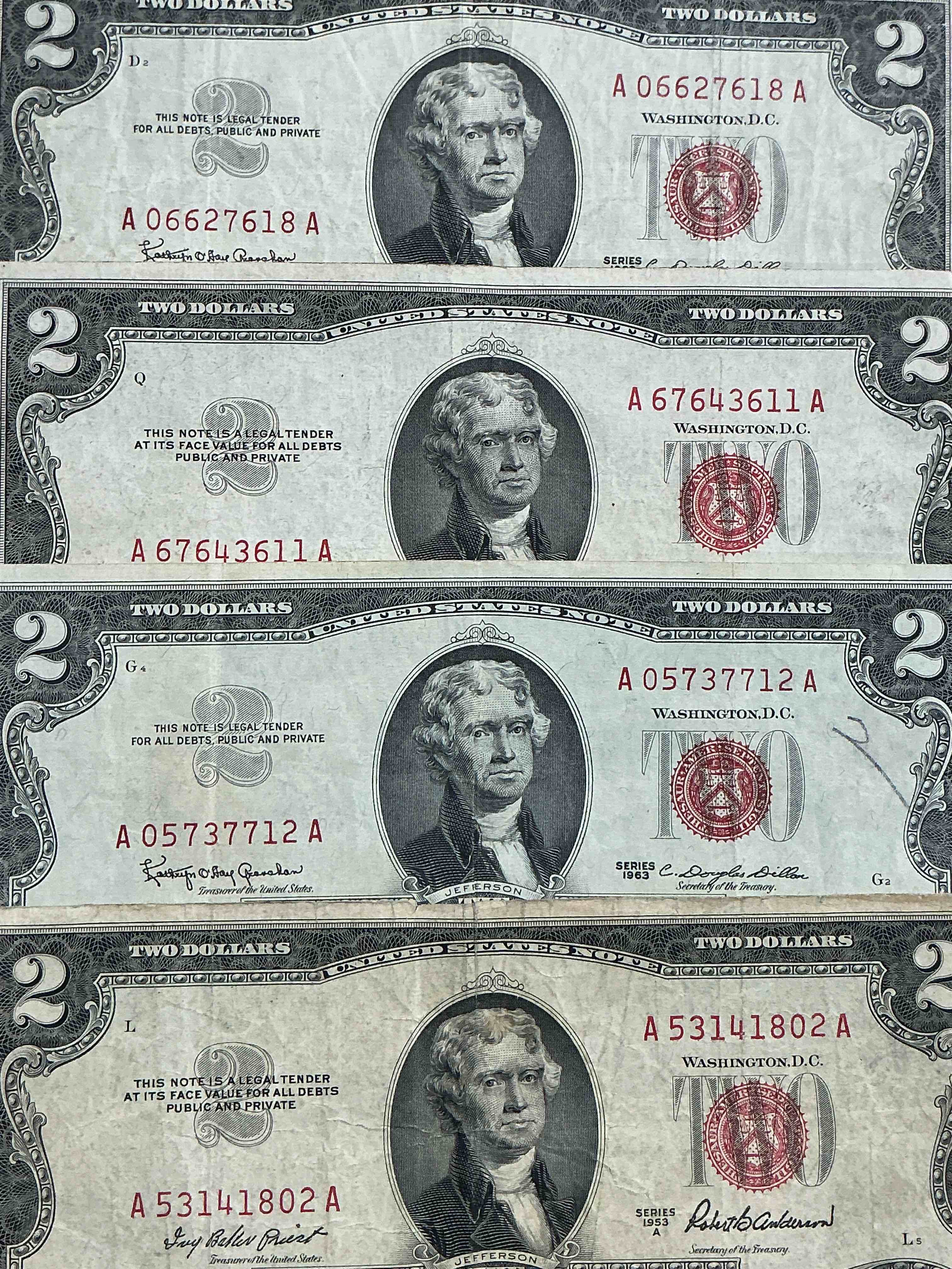 rare red seal two dollar bills! 1953 & 1963 edition paper money! check out these rare bills, perfect addition to any collection!
