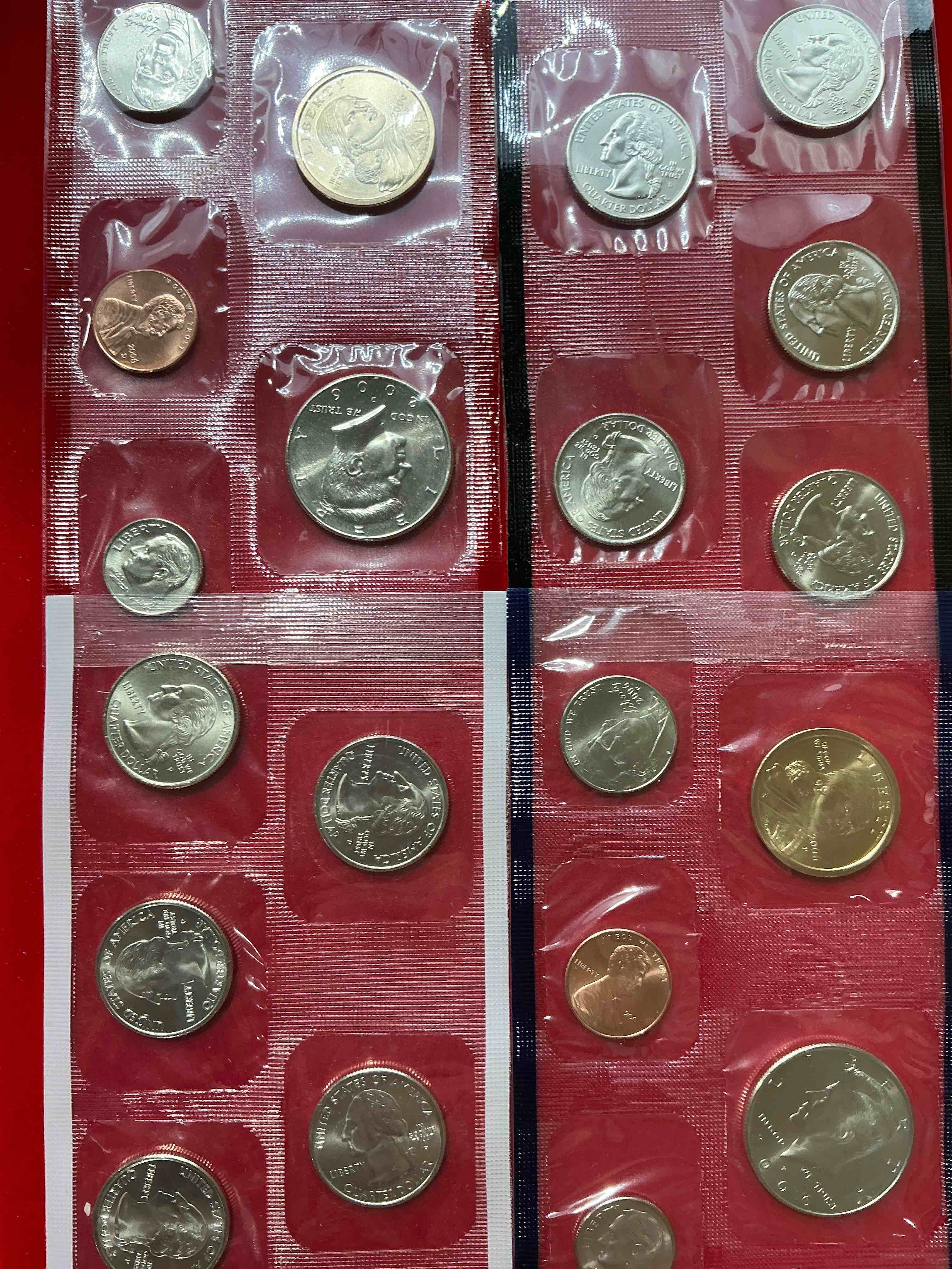 crazy uncirculated 2006 mint set! 20 coin lot, including dollar coins, half dollars, state quarters, dimes, nickels & pennies! insane mint set!