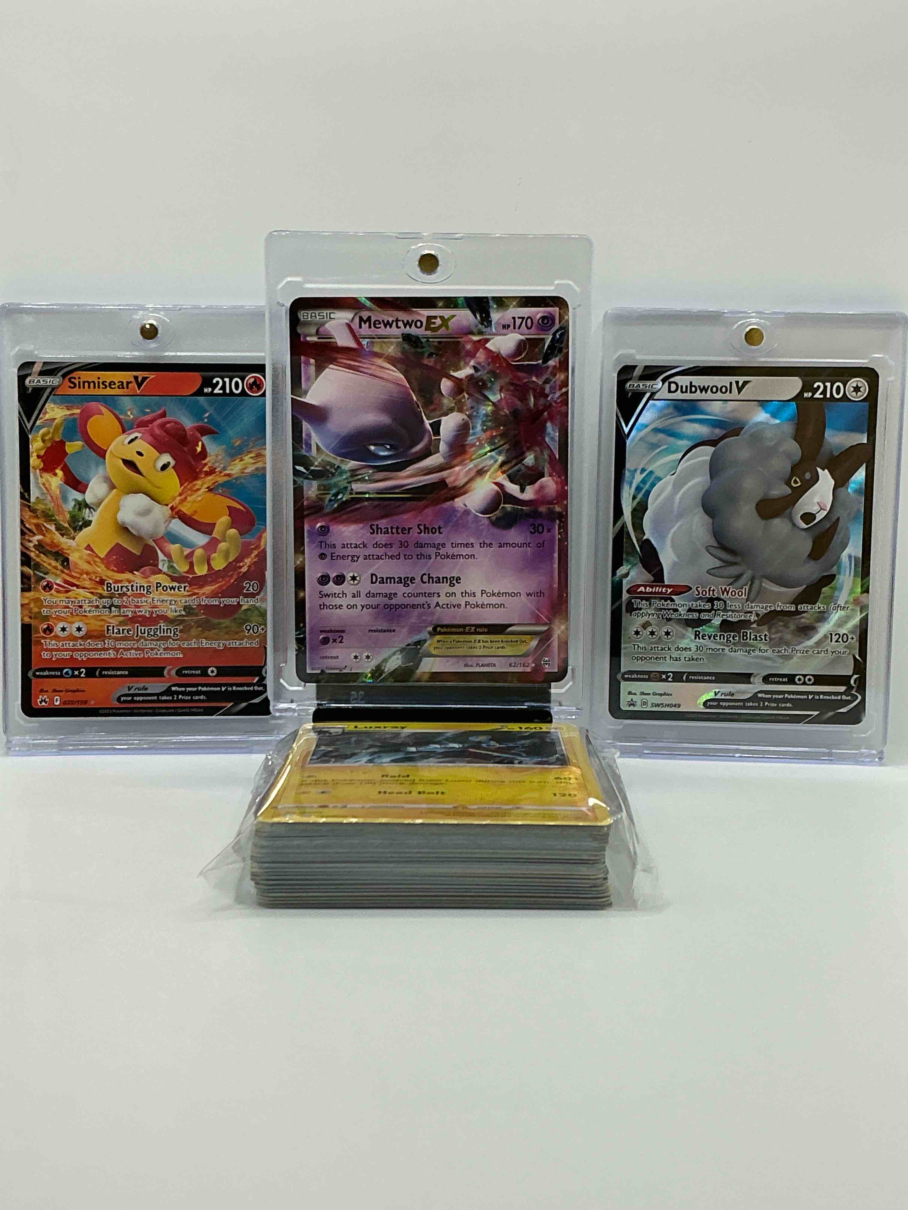 Mewtwo EX, DUBWOOL V & SIMISEAR V & More! Along With 50 Other Pokémon Heroes, Holos, Legends & Commons- Including Holographic Cards, Stage 2 Cards, Holos In All Forms & More! Also Includes 36 Non Holo Common/ Uncommon Basic & First Stage Cards Trainers & Energy Too! Perfect Set For Collectors & Enthusiasts!