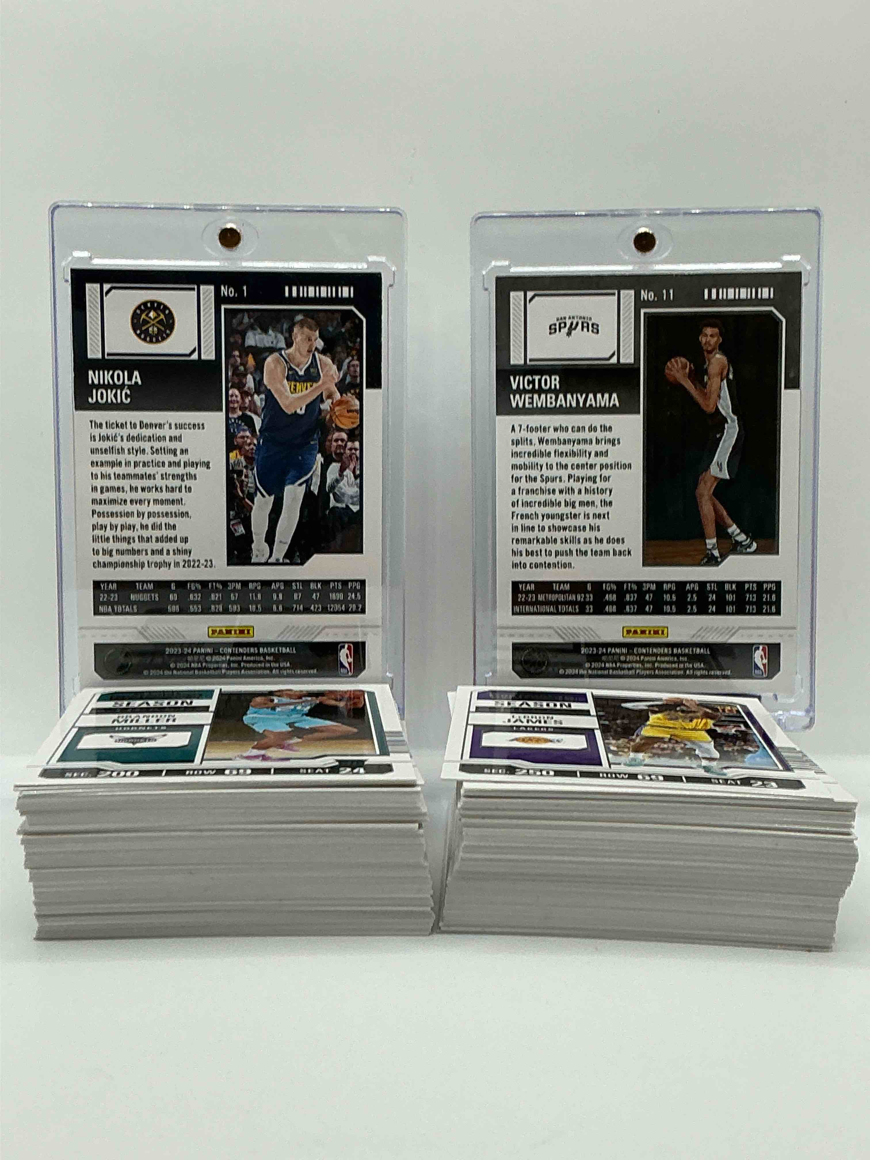 Condition photo showing New/Like New for wembenyama rookie card! 2023-24 nba panini contenders basketball 100 card collection! jokic, wemby, lebron & more! 100 card lot, includes some of the leagues greatest future & super stars! wow! find your favorite players in this 100 card lot!