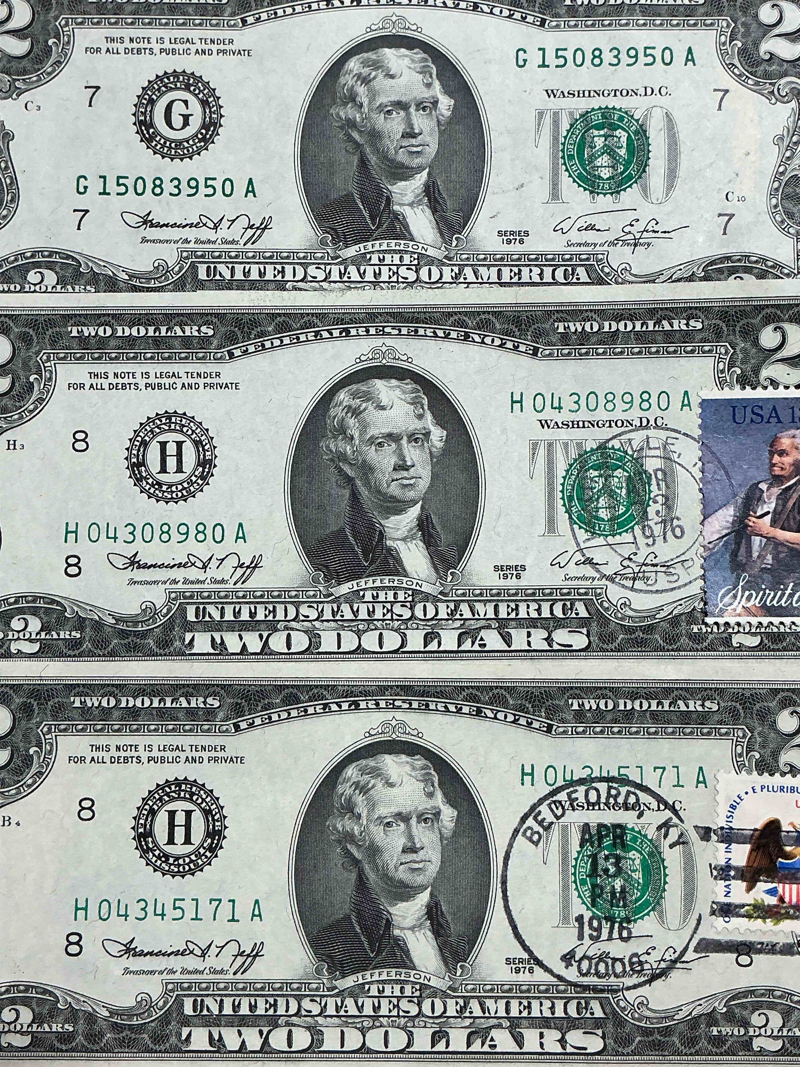 1976 bicentennial treasure! something authentic you may never see again! 1976 series two dollar bills, postmarked & postage stamped from 1976! these original 1976 bills are still legal tender & exceptionally rare! a serious collector item, wow!