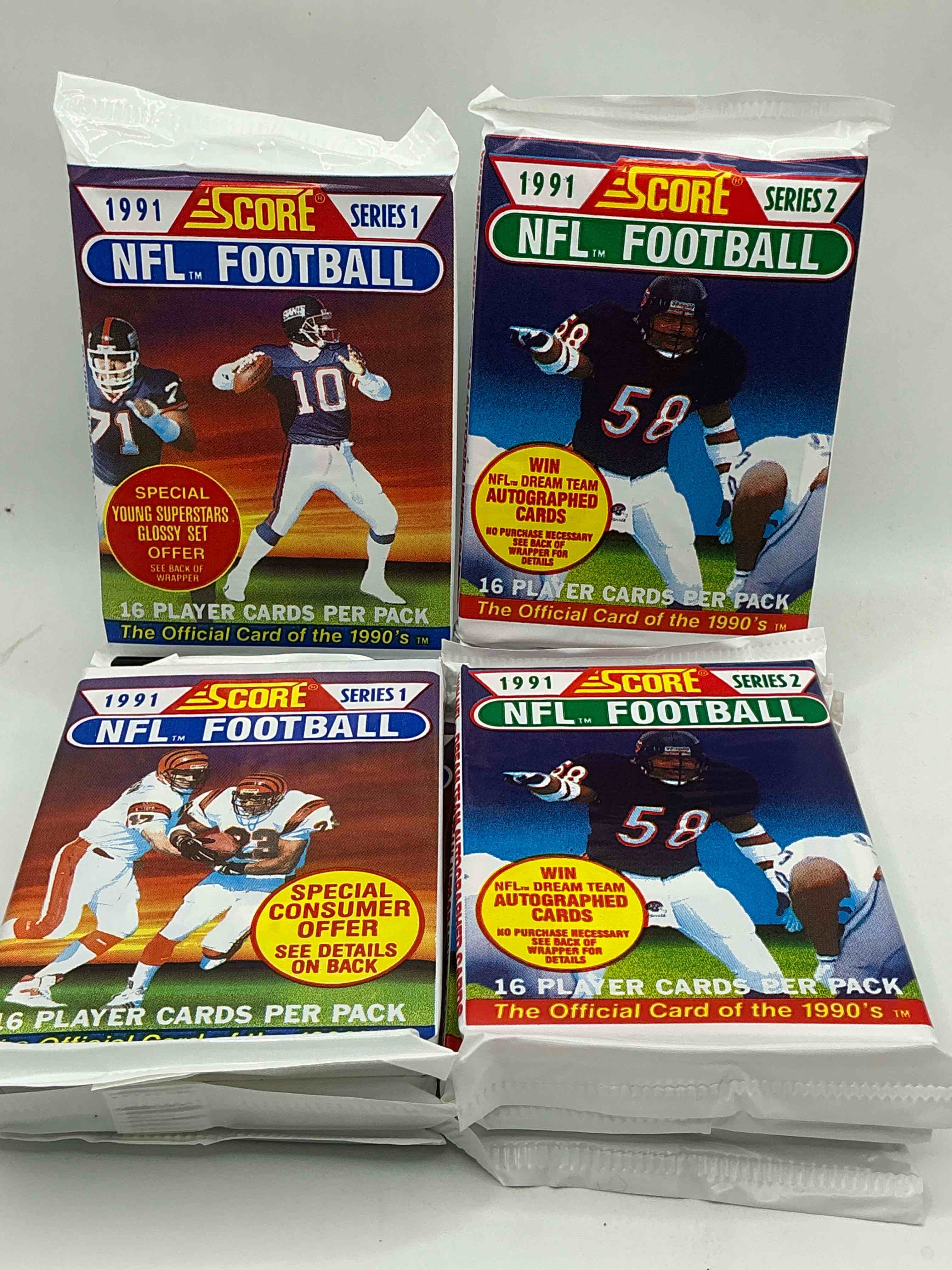 1991 nfl score football sealed card packs series i & ii direct from original retail case! these cards are sought after by collectors for their awesome, nostalgic look. search for brett favre rookie, early jerry rice, early emmit smith, joe montana & so much more!