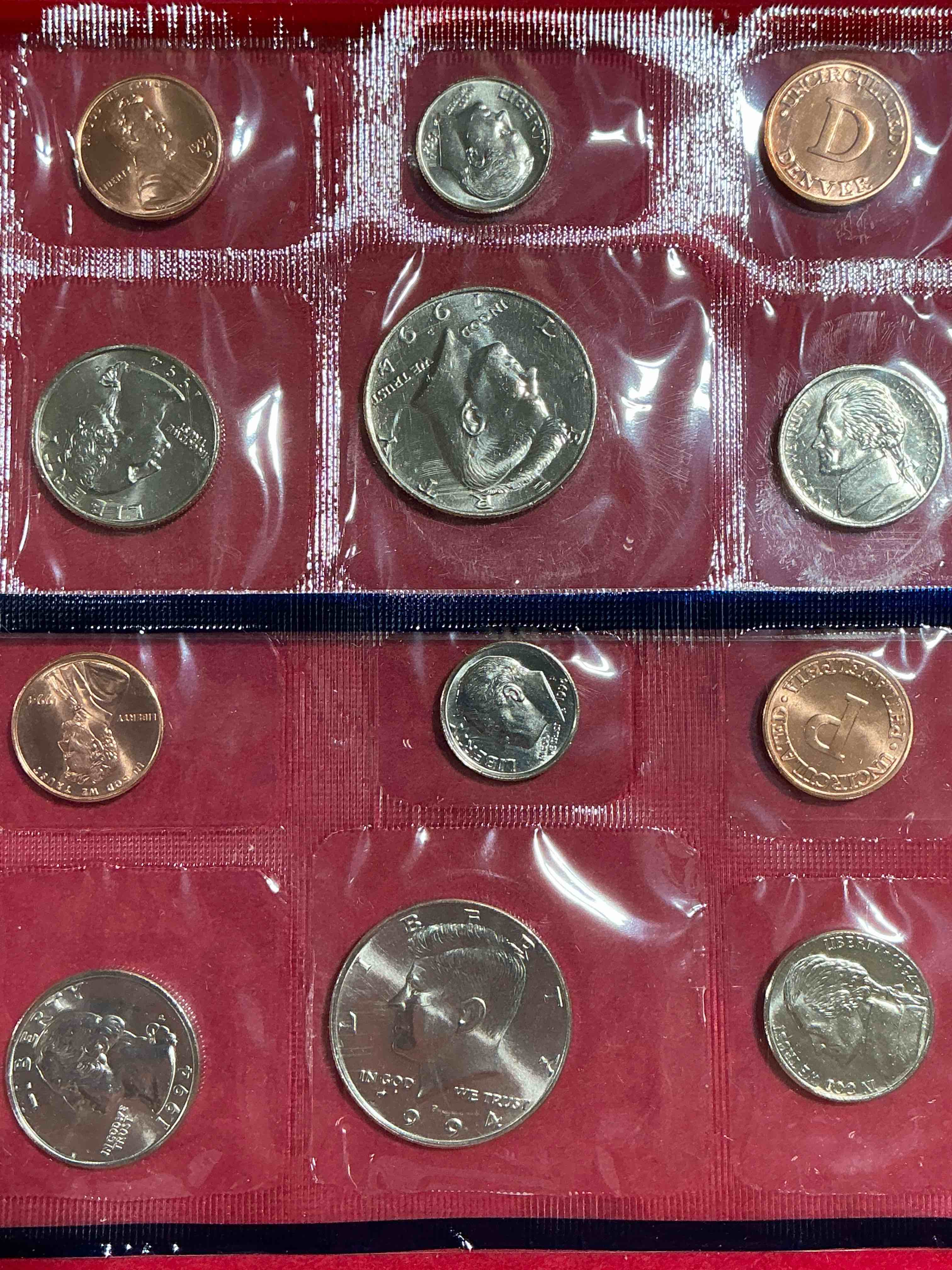 1994 uncirculated u.s. mint coins! what a great year! these gorgeous coins from the mint set features each u.s. coins minted in 1994 in uncirculated condition, from each mint mark, philly & denver! from the u.s. treasury in 1994! own an awesome investment & incredible piece of u.s. history! also makes for an awesome gift!