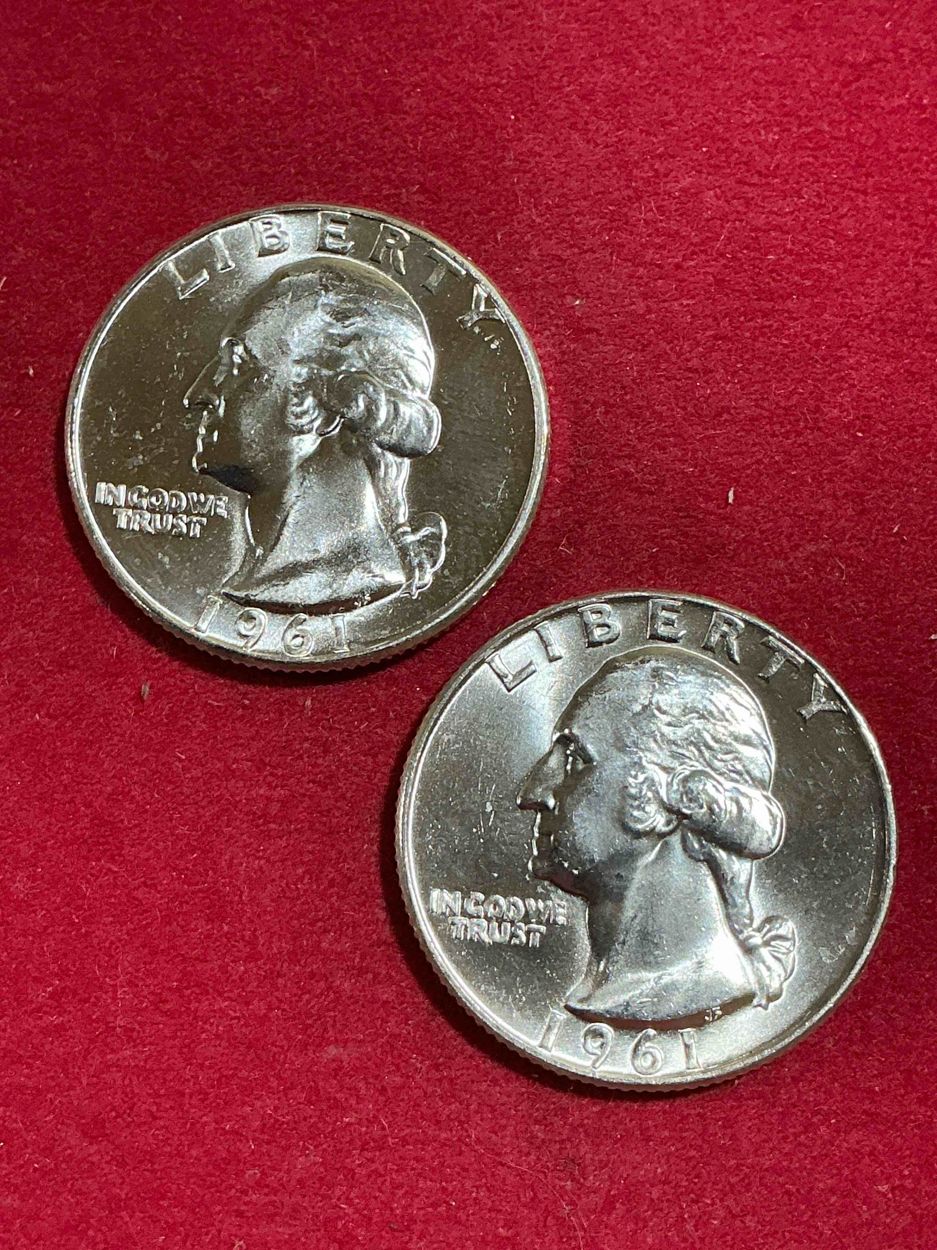 george washington brilliant uncirculated silver! pre 1965 u.s. quarter dollar coins were actually silver, here are two great examples of awesome, pristine george washington silver quarters, stunning & circulated! rare mints! great for investing in precious metals! these coins were minted at 90% silver and 10% copper, giving them a net weight of .18084 ounces of pure silver per coin! very hard to find & stunning! invest in fine u.s. silver!