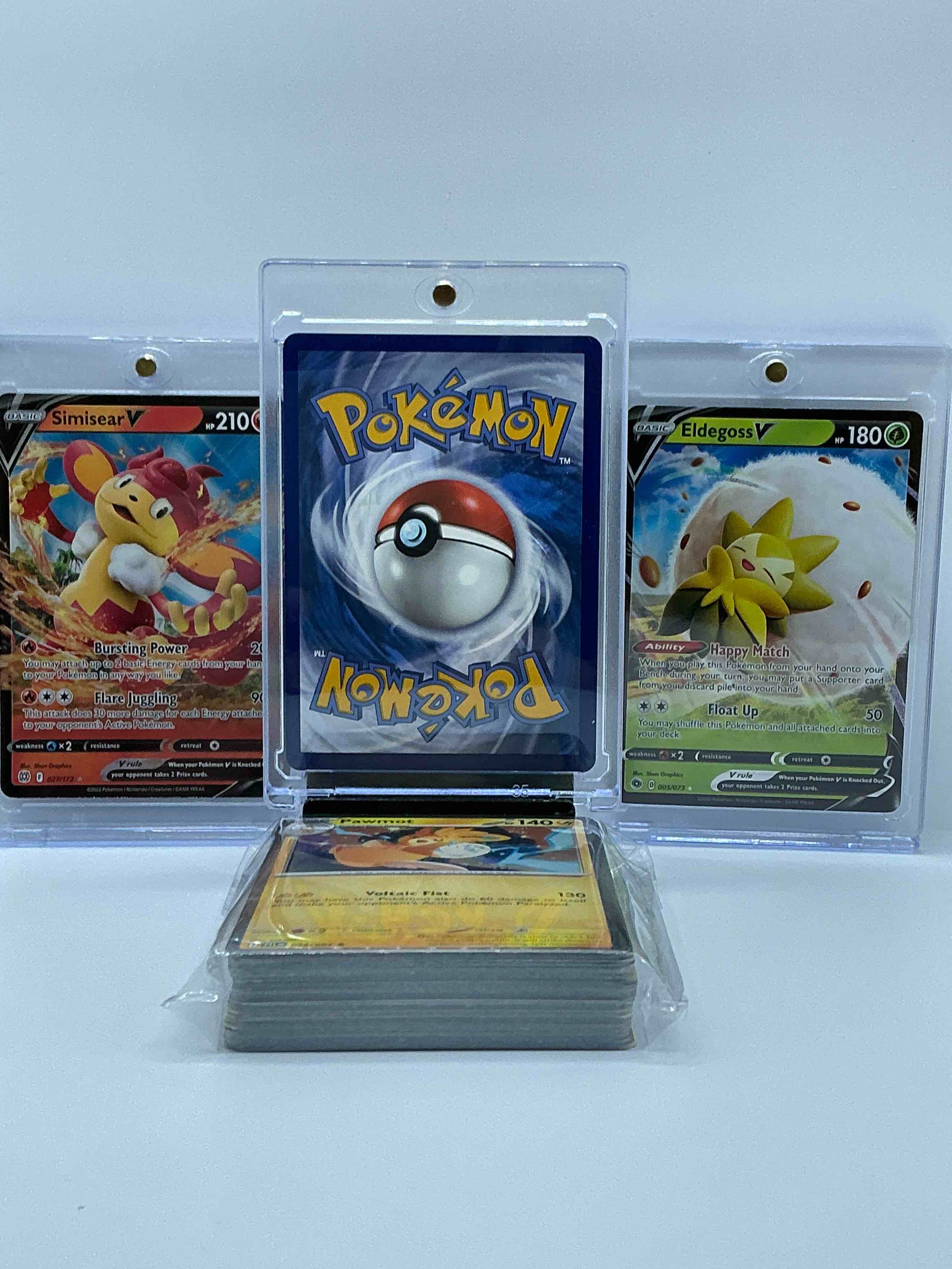 Condition photo showing New/Like New for v insanity! pikachu v, eldgoss v & more! wow! along with 50 other pokémon heroes, holos, legends & commons- including holographic cards, stage 2 cards, holos in all forms & more! also includes 36 non holo common/ uncommon basic & first stage cards trainers & energy too! perfect set for collectors & enthusiasts!