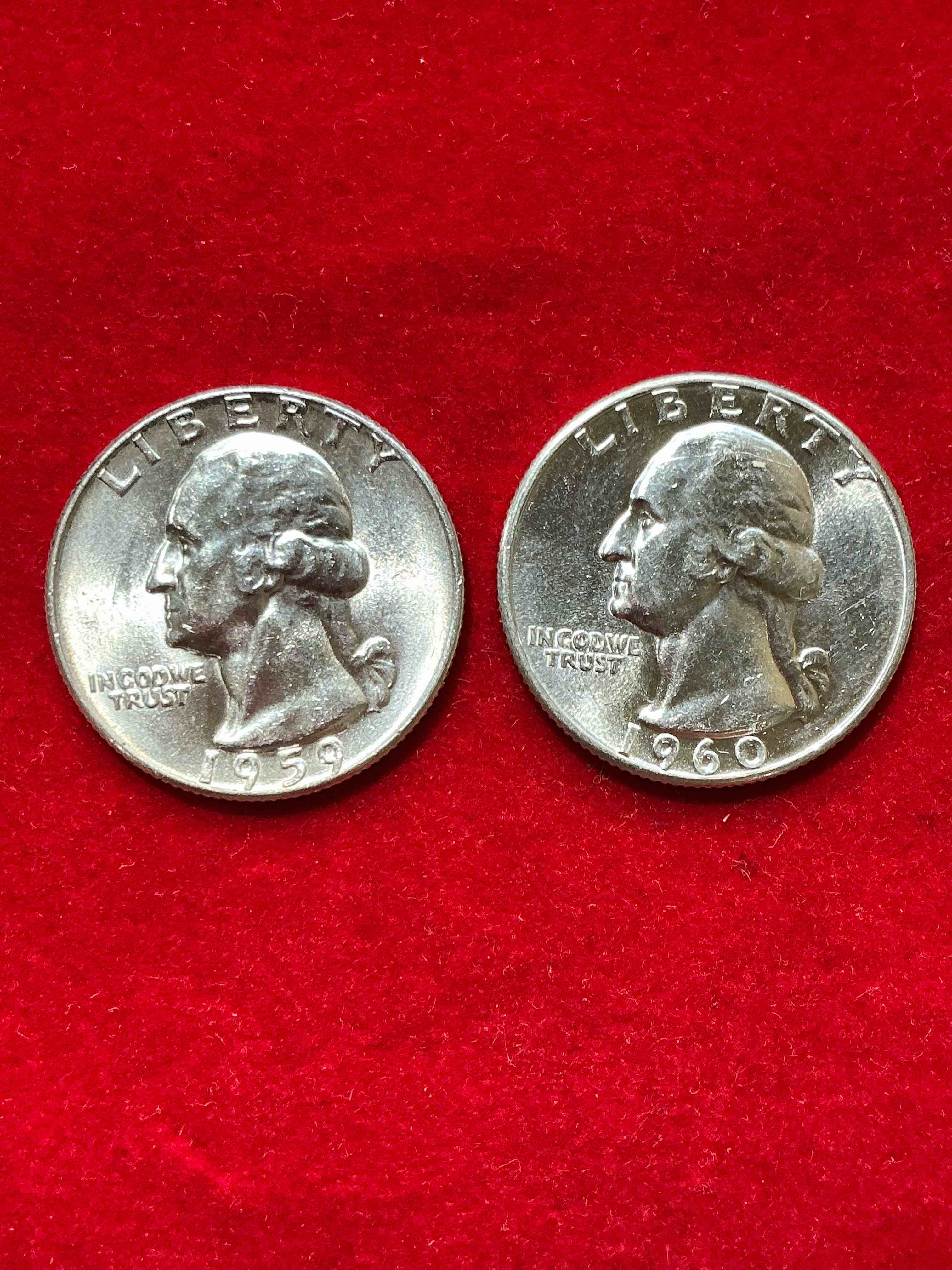 george washington brilliant silver! pre 1965 u.s. quarter dollar coins were actually silver, here are two great examples of awesome, pristine george washington silver quarters, stunning & circulated! rare mints! great for investing in precious metals! these coins were minted at 90% silver and 10% copper, giving them a net weight of .18084 ounces of pure silver per coin! very hard to find & stunning! invest in fine u.s. silver!