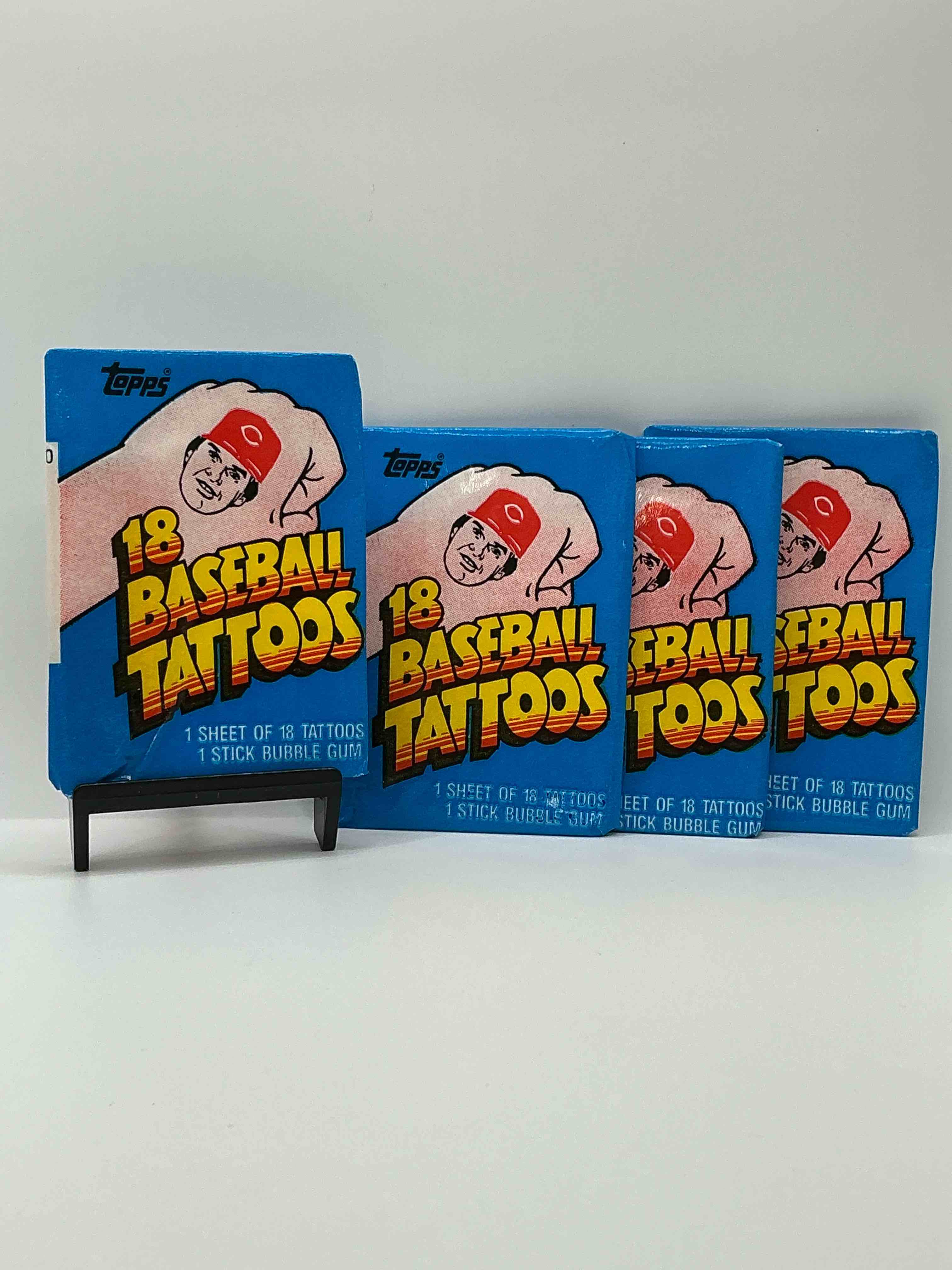 rare! topps 1986 baseball tattoos! these packs are rare & fun, filled with cool mid 80’s tattoos of some of baseball greatest players & legends! super rare 80’s baseball fun!