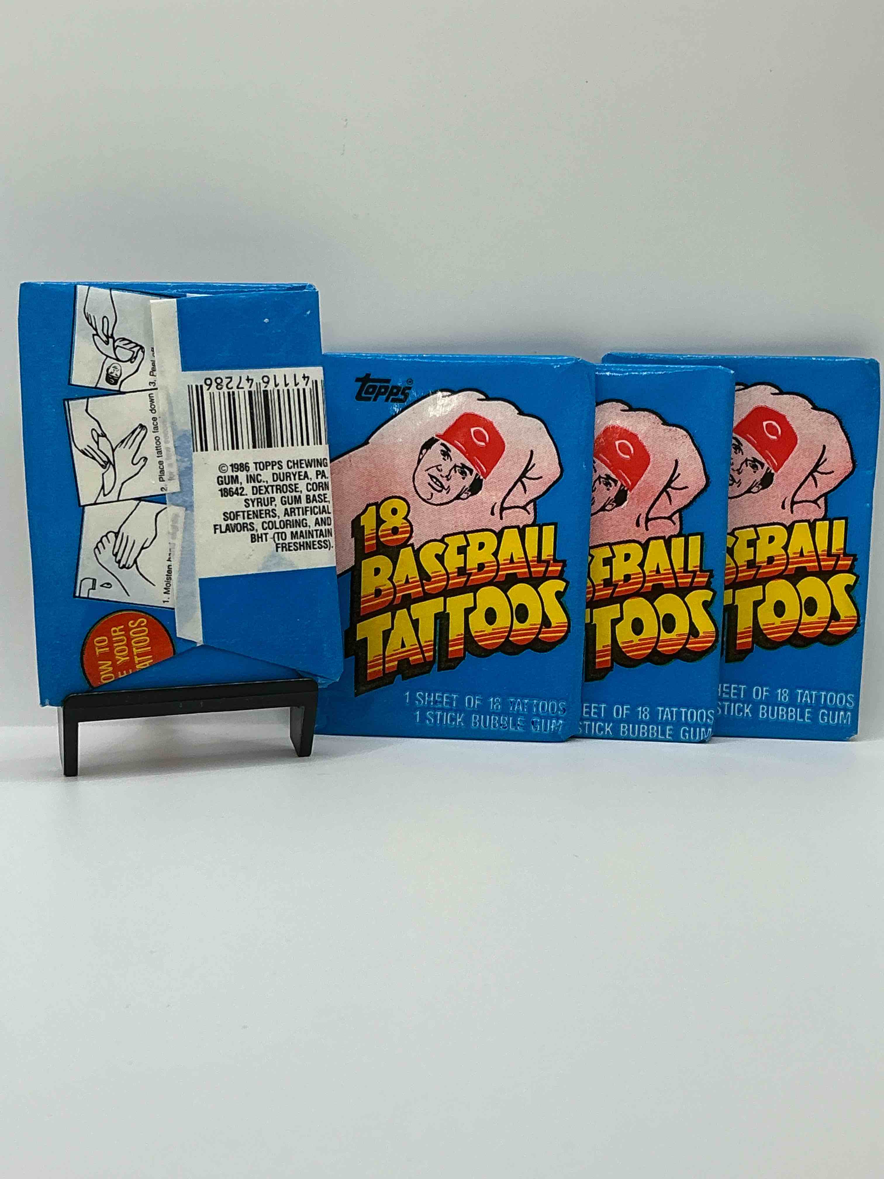 Condition photo showing New/Like New for rare! topps 1986 baseball tattoos! these packs are rare & fun, filled with cool mid 80’s tattoos of some of baseball greatest players & legends! super rare 80’s baseball fun!
