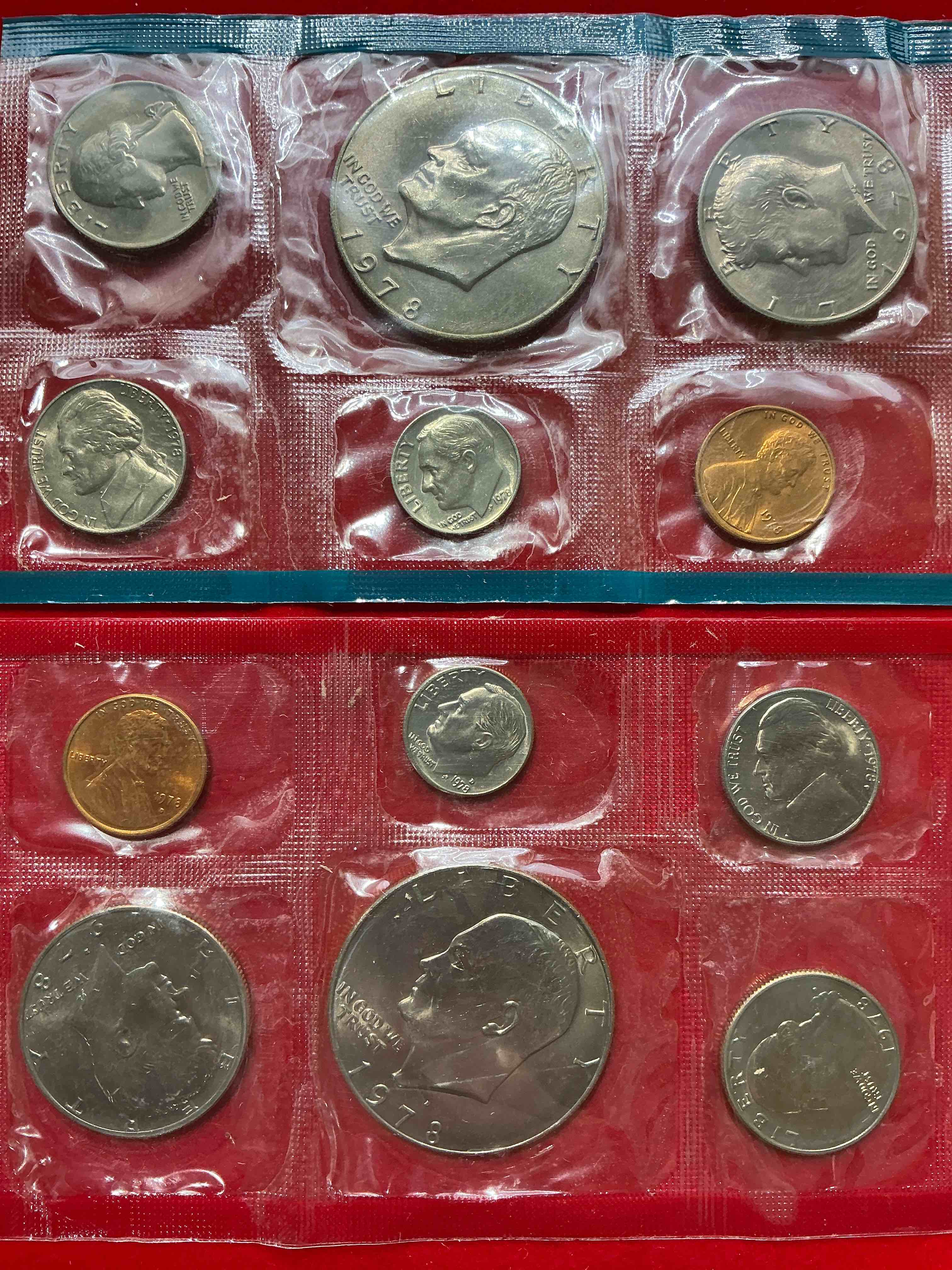 1978 uncirculated mint coins! 12 mint coins from philadelphia & denver! 12 coin uncirculated lot, with ike dollar coins, quarters, nickels, half dollars, dimes, & more! uncirculated coin craziness!