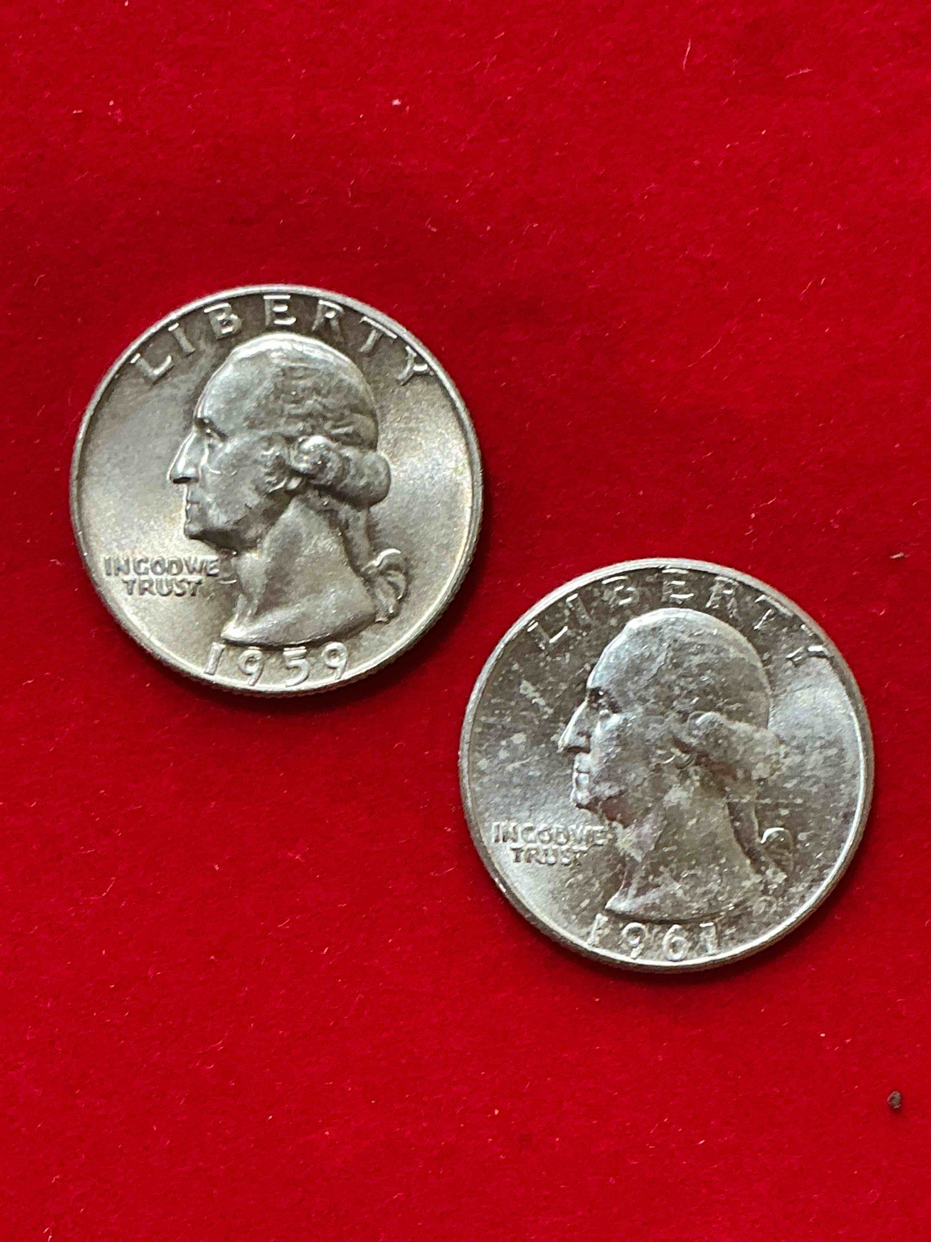 george washington brilliant silver! pre 1965 u.s. quarter dollar coins were actually silver, here are two great examples of awesome, pristine george washington silver quarters, stunning & circulated! rare mints! great for investing in precious metals! these coins were minted at 90% silver and 10% copper, giving them a net weight of .18084 ounces of pure silver per coin! very hard to find & stunning! invest in fine u.s. silver!