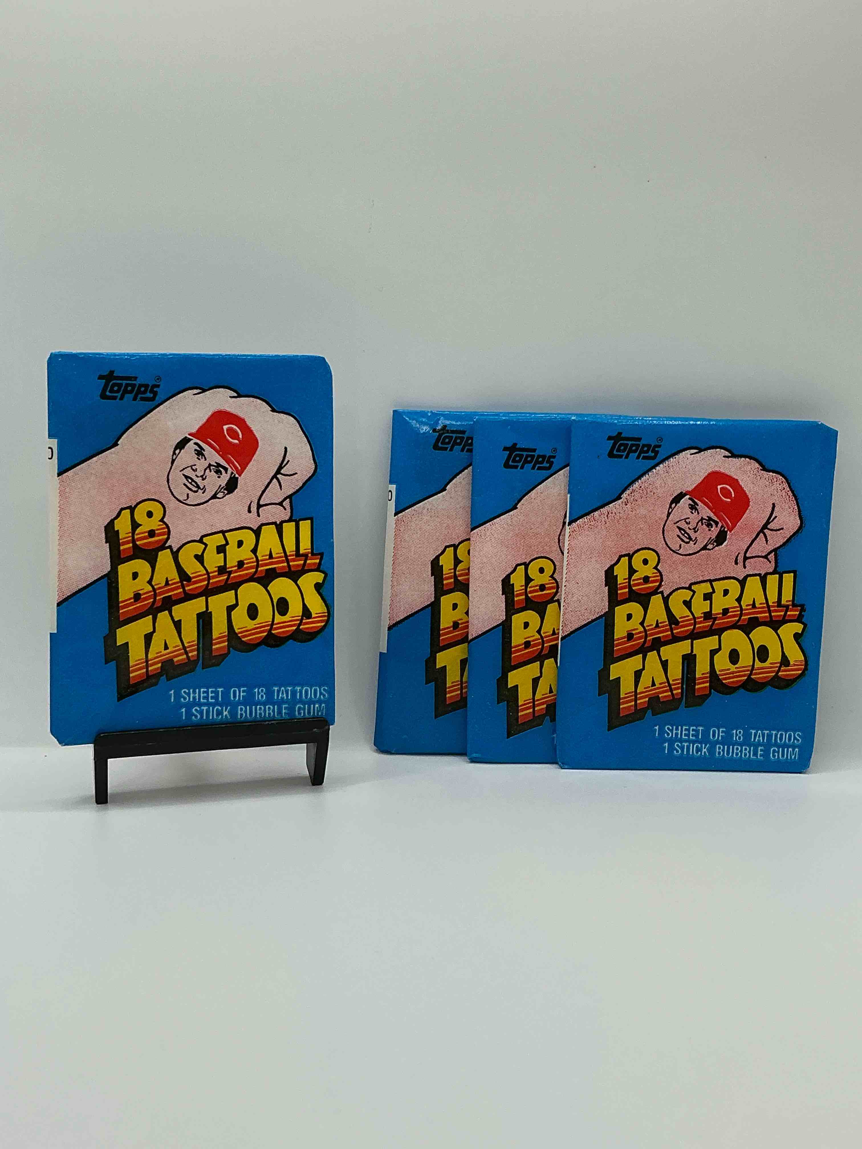 rare! topps 1986 baseball tattoos! these packs are rare & fun, filled with cool mid 80’s tattoos of some of baseball greatest players & legends! super rare 80’s baseball fun!