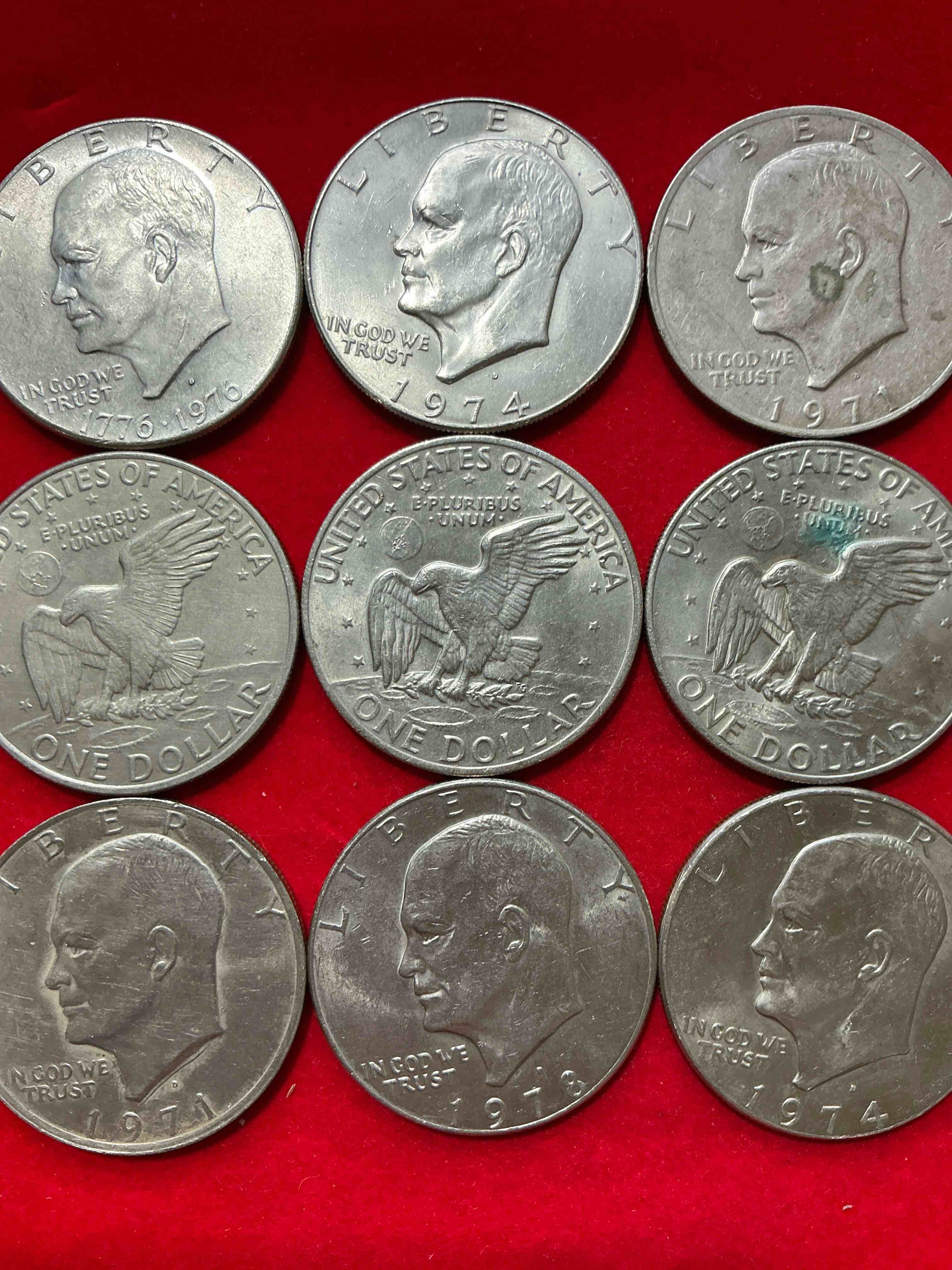 Condition photo showing Good Condition for gorgeous eisenhower dollars! here are circulated “ike” dollars! up for auction are ike one dollar coins from different years! awesome ike dollars! even includes rare bicentennial 1976 edition