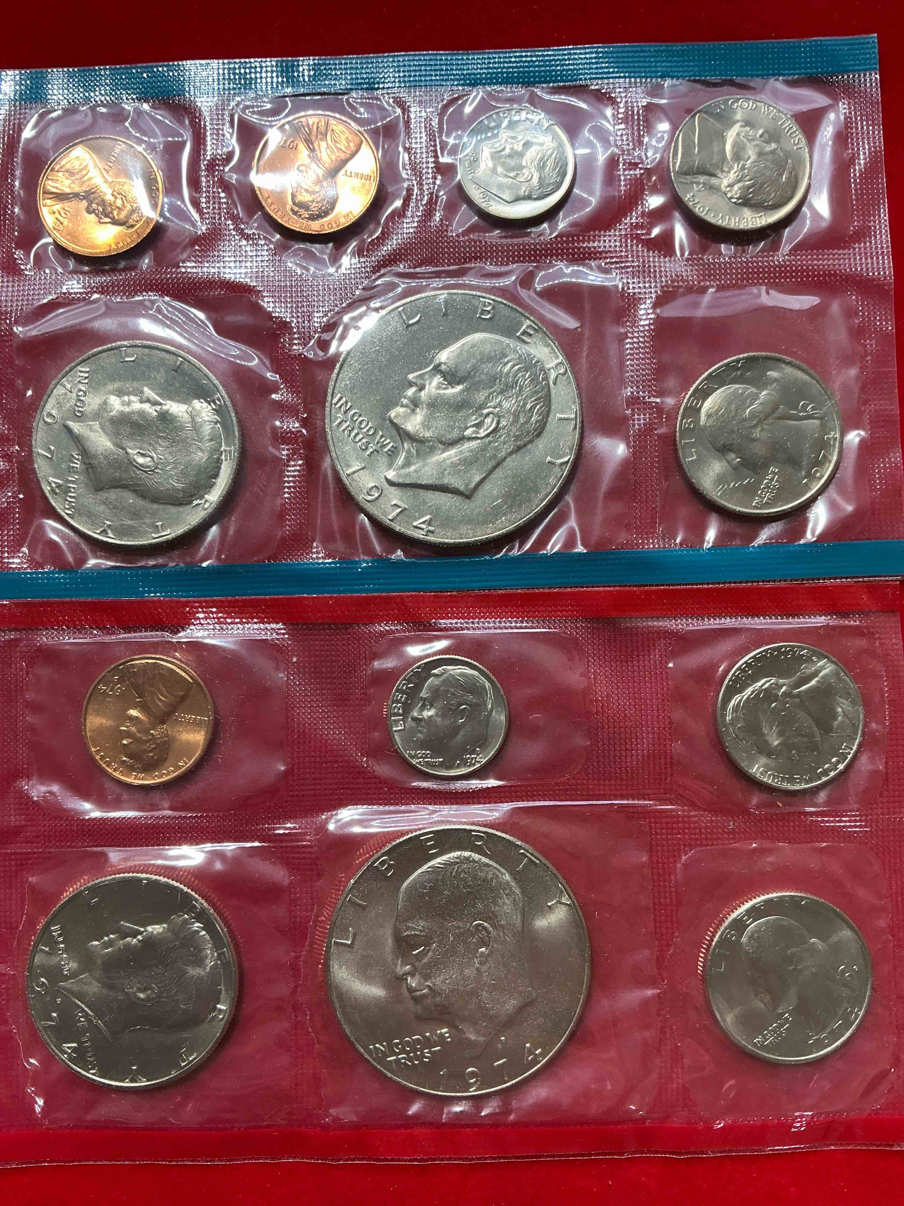 1974 uncirculated philadelphia & denver 13 coin mint combo! these beautiful, uncirculated coins are rare pieces of history! 1974 dimes, pennies half dollars, dollars, nickels & quarters!