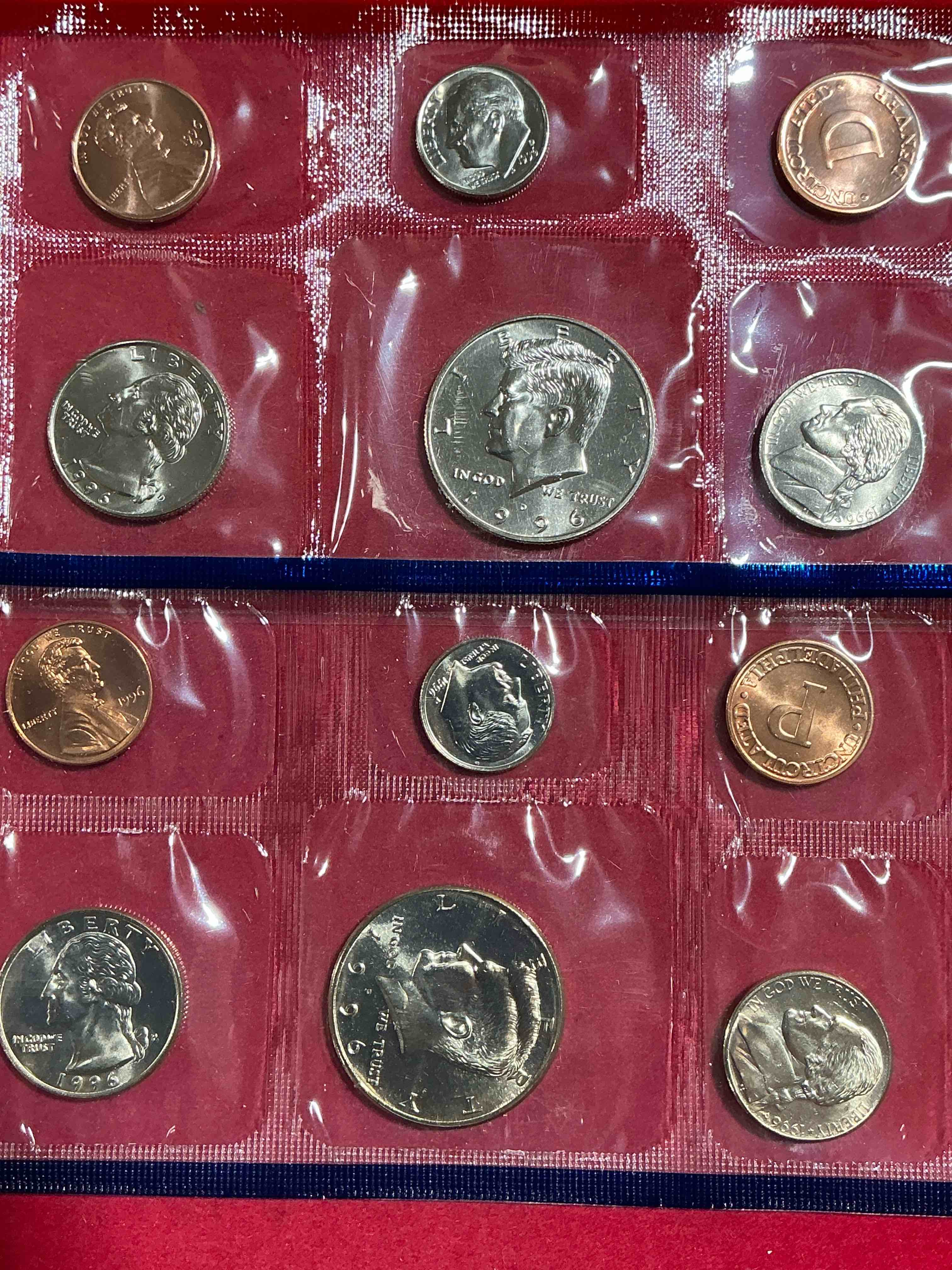 1996 uncirculated philadelphia & denver 12 coin mint combo! these beautiful, uncirculated coins are rare pieces of history! 1996 dimes, pennies half dollars, nickels & quarters!