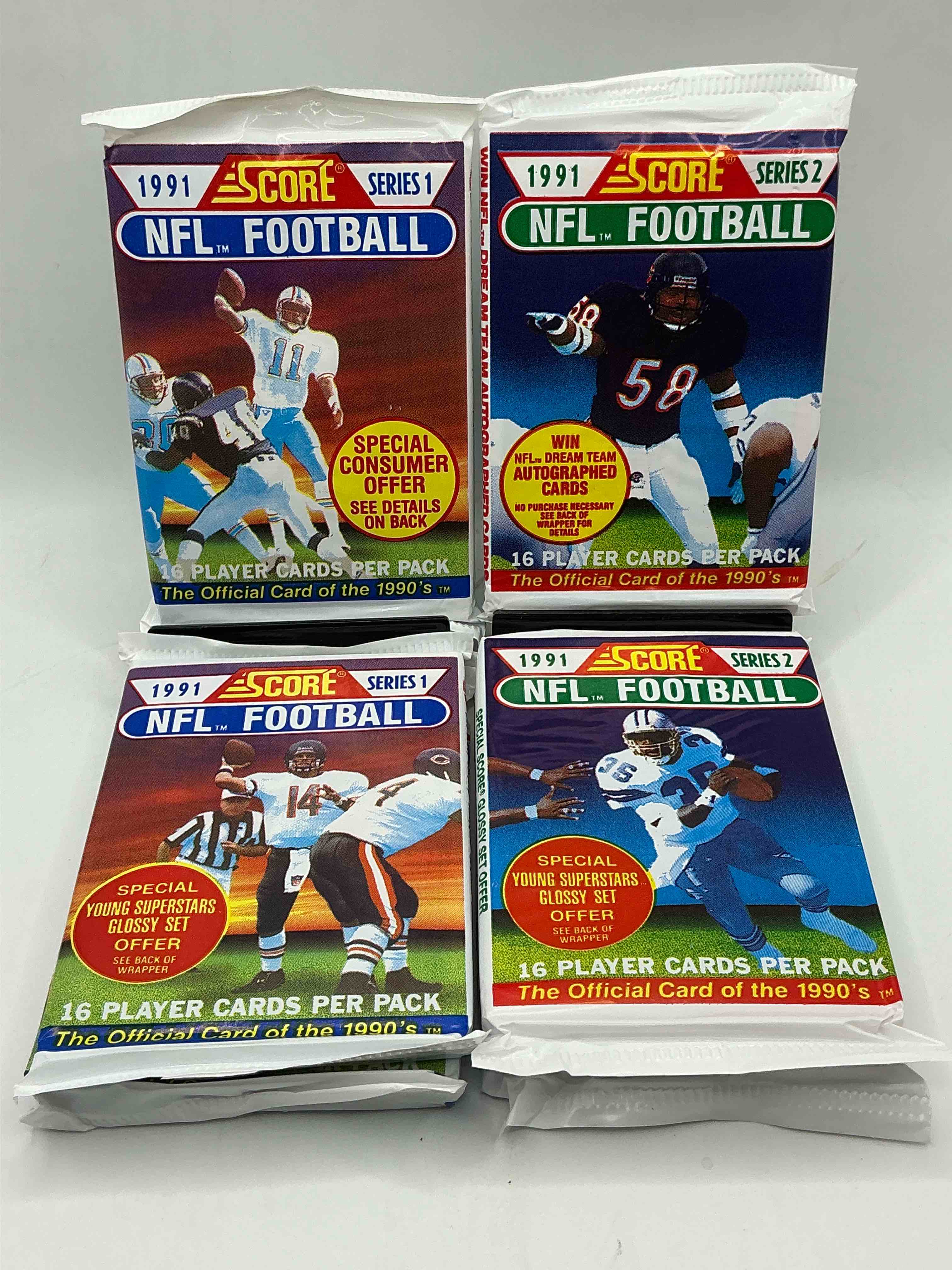 1991 nfl score football sealed card packs series i & ii direct from original retail case! these cards are sought after by collectors for their awesome, nostalgic look. search for brett favre rookie, early jerry rice, early emmit smith, joe montana & so much more!