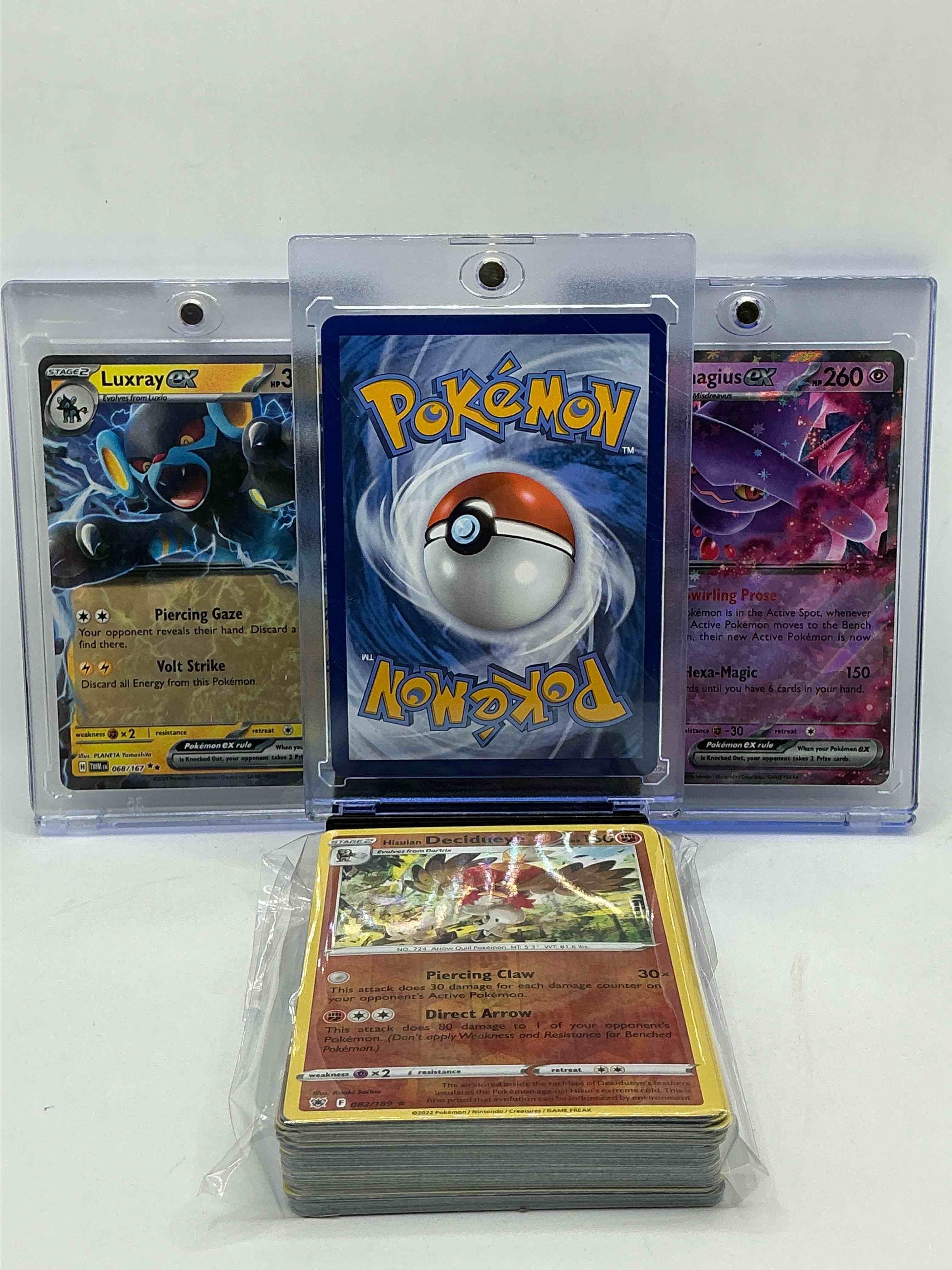 Condition photo showing New/Like New for golem ex! luxray ex! mismagius ex! along with 50 other pokémon heroes, holos, legends & commons- including holographic cards, stage 2 cards, holos in all forms & more! also includes 36 non holo common/ uncommon basic & first stage cards trainers & energy too! perfect set for collectors & enthusiasts!