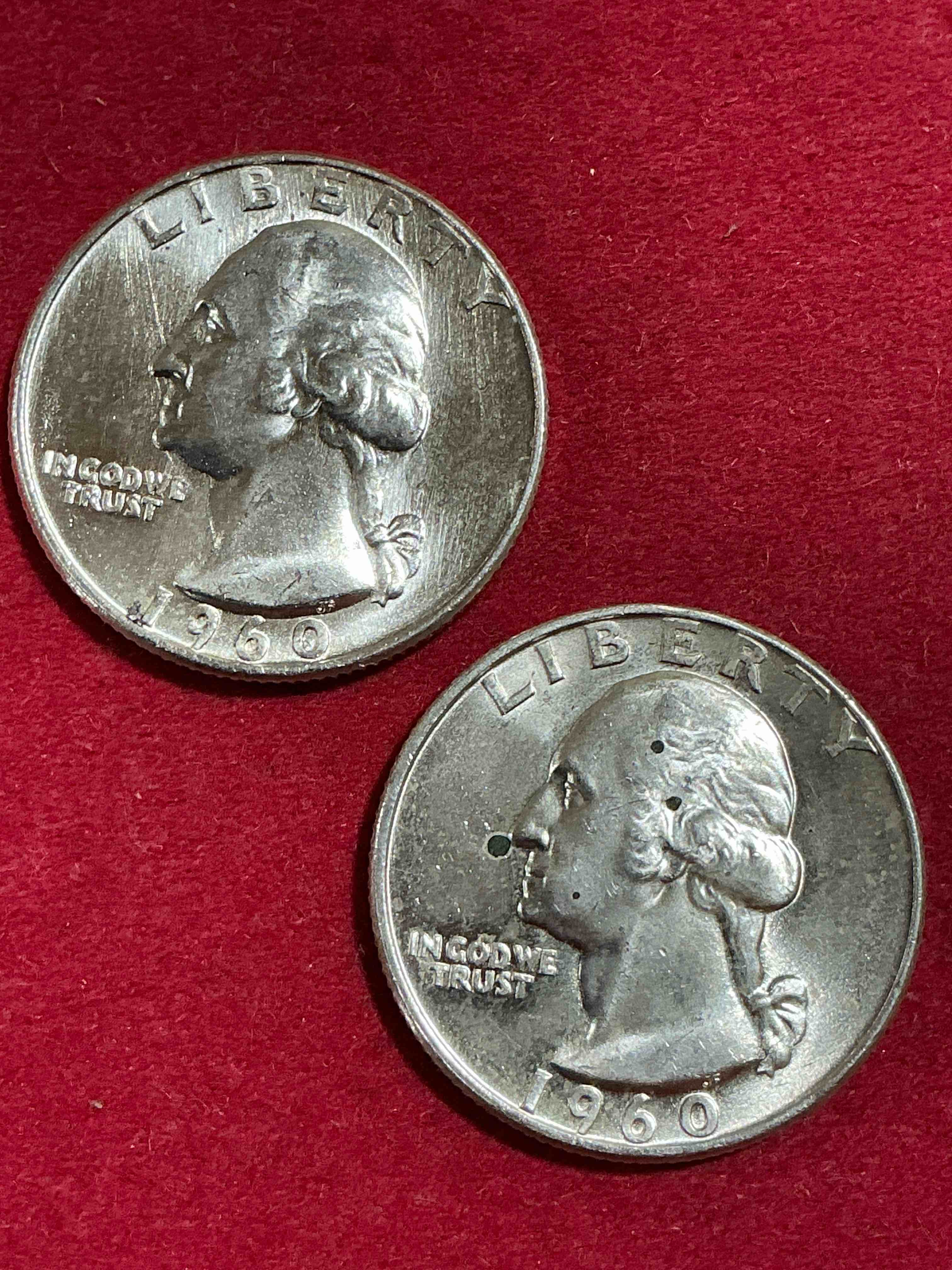 george washington brilliant silver! pre 1965 u.s. quarter dollar coins were actually silver, here are two great examples of awesome, pristine george washington silver quarters, stunning & uncirculated! rare mints! great for investing in precious metals! these coins were minted at 90% silver and 10% copper, giving them a net weight of .18084 ounces of pure silver per coin! very hard to find & stunning! invest in fine u.s. silver!