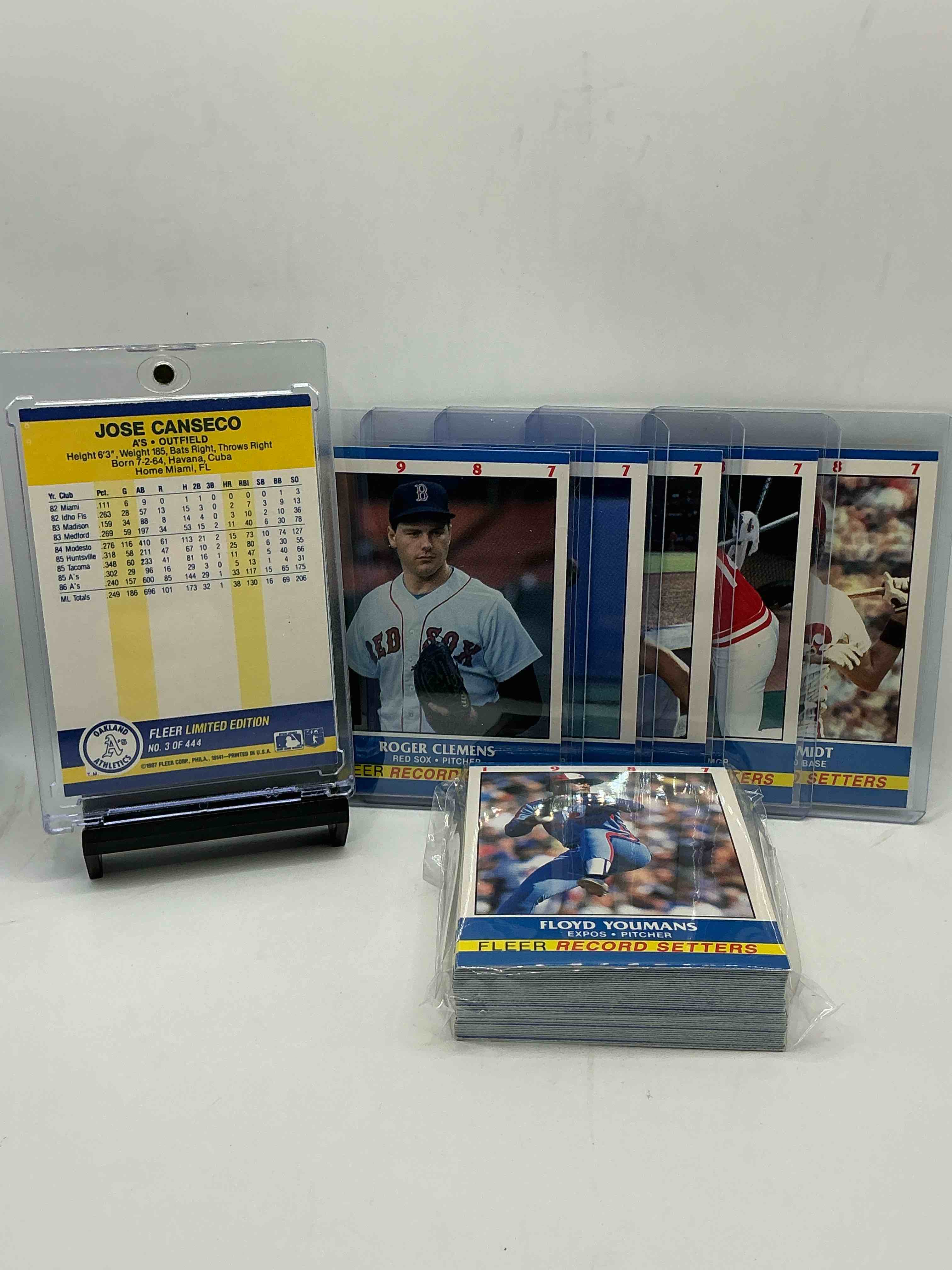 Condition photo showing New/Like New for 1987 baseball history! fleer collector’s “baseball record setters” 50 card complete! limited edition! included is all of the legends from the late 80’s like jose canseco, don mattingly, roger clemens, pete rose & so many more! everything included just like it would’ve been purchased in ‘87! wow!
