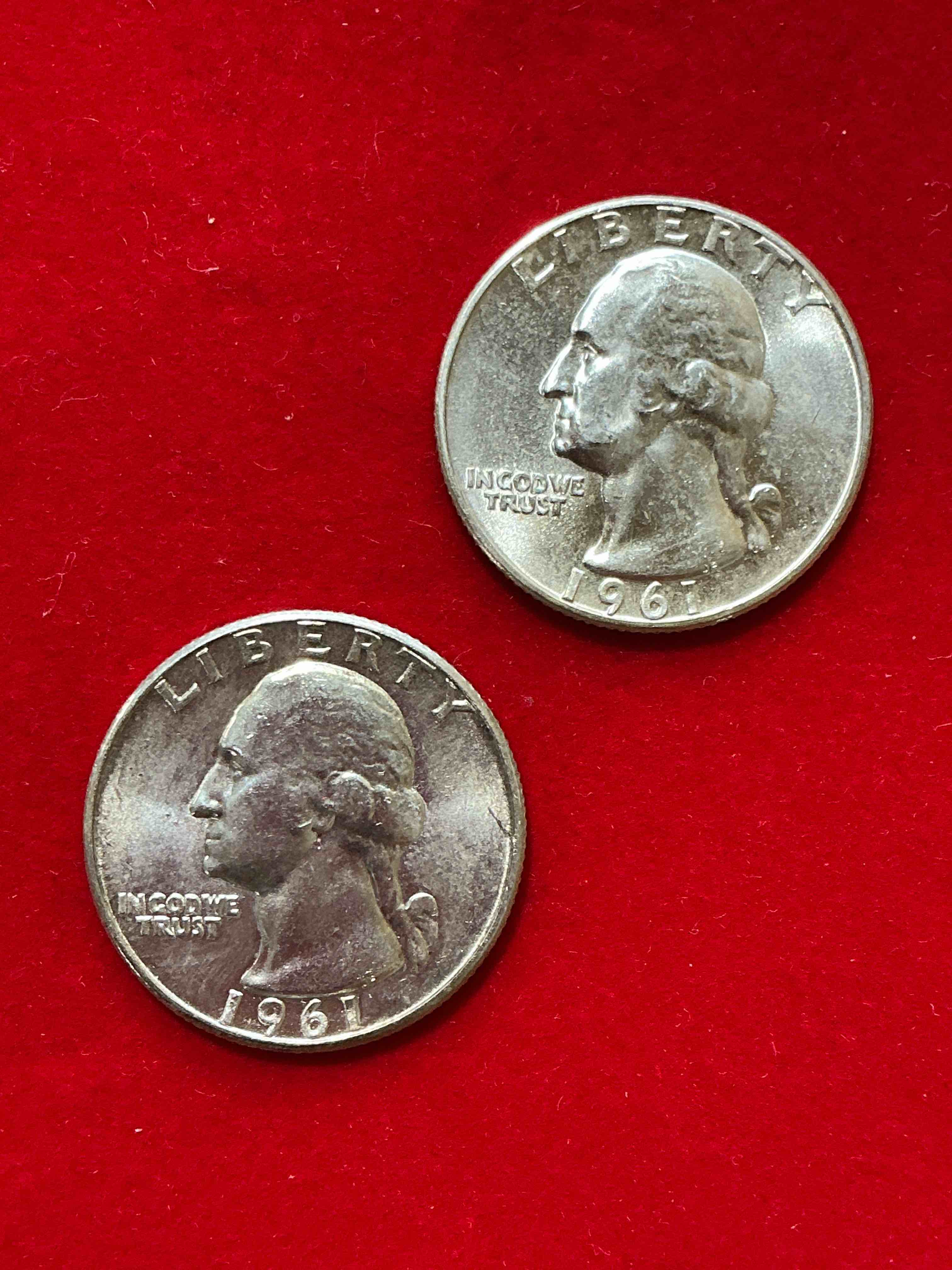 george washington brilliant silver! pre 1965 u.s. quarter dollar coins were actually silver, here are two great examples of awesome, pristine george washington silver quarters, stunning & circulated! rare mints! great for investing in precious metals! these coins were minted at 90% silver and 10% copper, giving them a net weight of .18084 ounces of pure silver per coin! very hard to find & stunning! invest in fine u.s. silver!