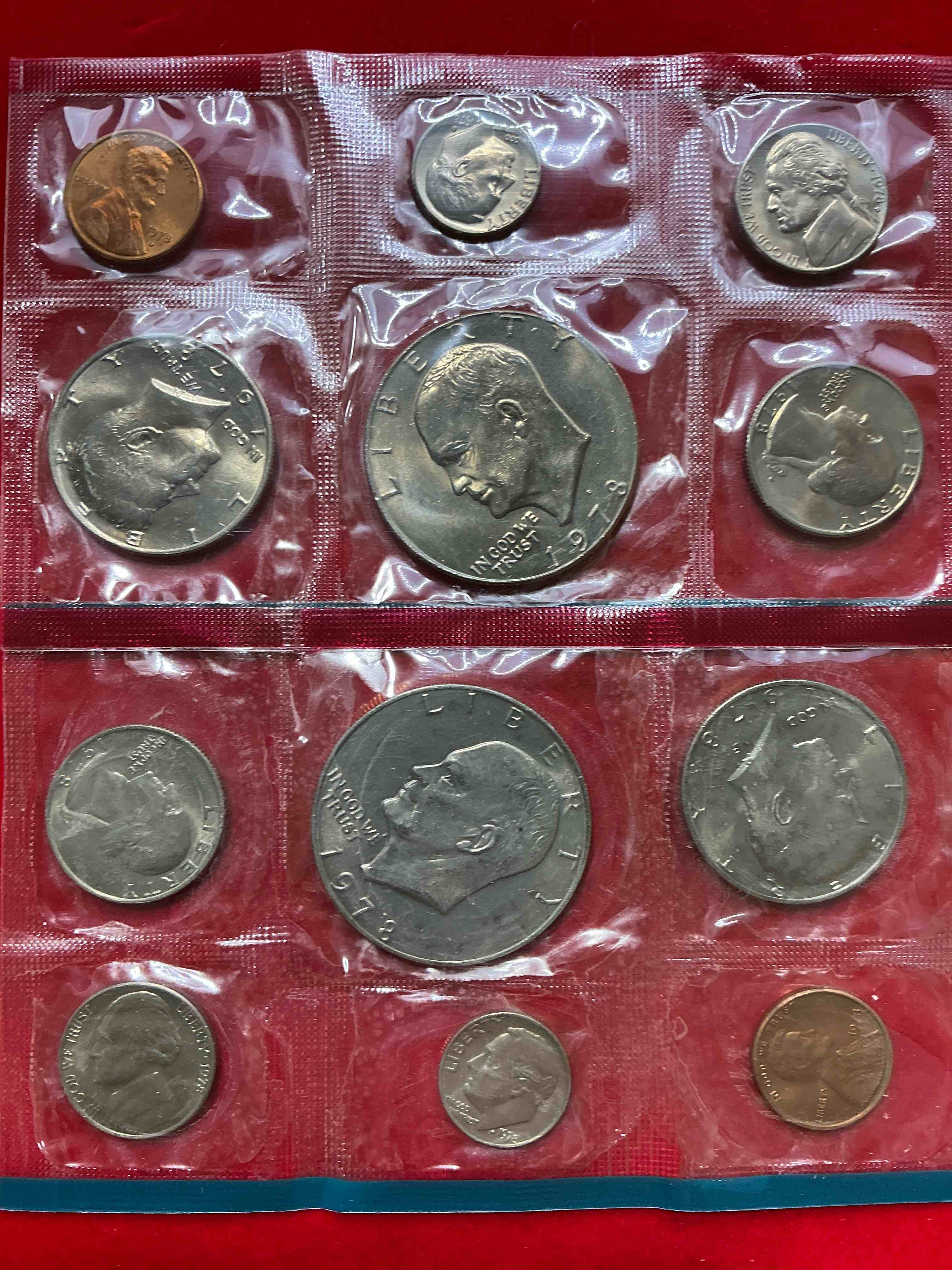 1978 uncirculated mint coins! 12 mint coins from philadelphia & denver! 12 coin uncirculated lot, with ike dollar coins, quarters, nickels, half dollars, dimes, & more! uncirculated coin craziness!