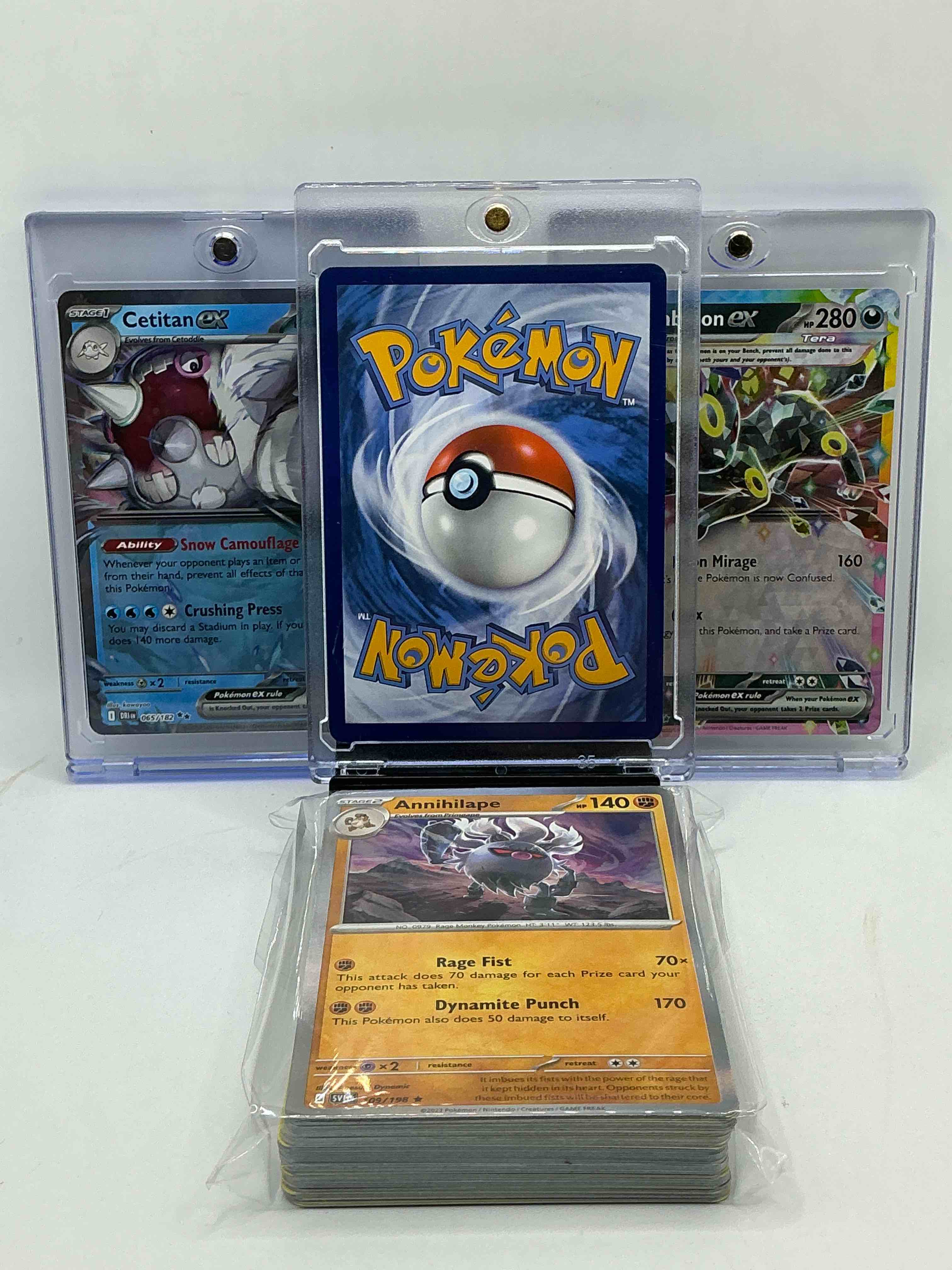 Condition photo showing New/Like New for hydreigon ex! cetitan ex! umbreon ex! along with 50 other pokémon heroes, holos, legends & commons- including holographic cards, stage 2 cards, holos in all forms & more! also includes 36 non holo common/ uncommon basic & first stage cards trainers & energy too! perfect set for collectors & enthusiasts!